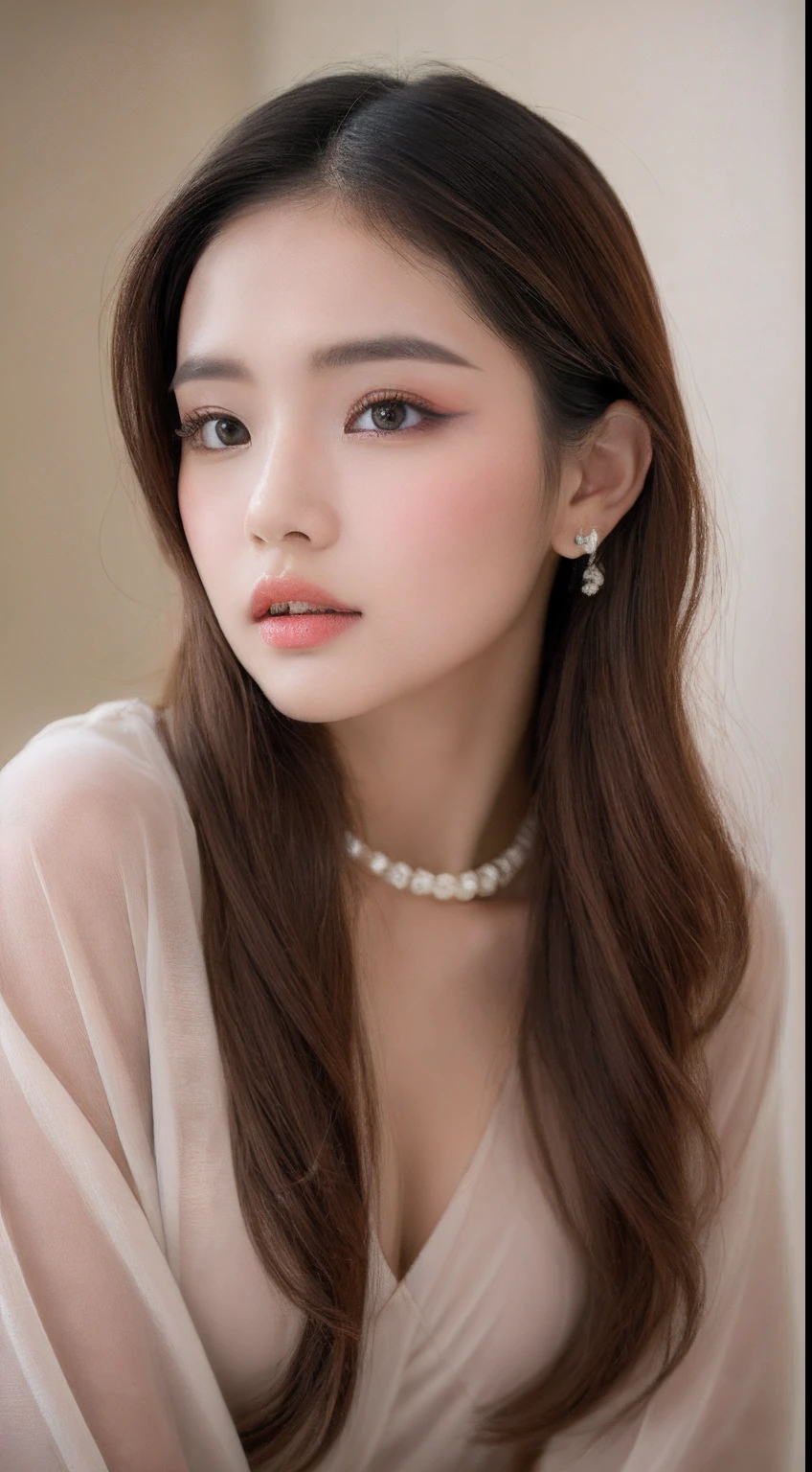 Indonesian model one , hair model, Unique hair details, Traditional fashion, near future , double eyelid, plump lips, natural makeup