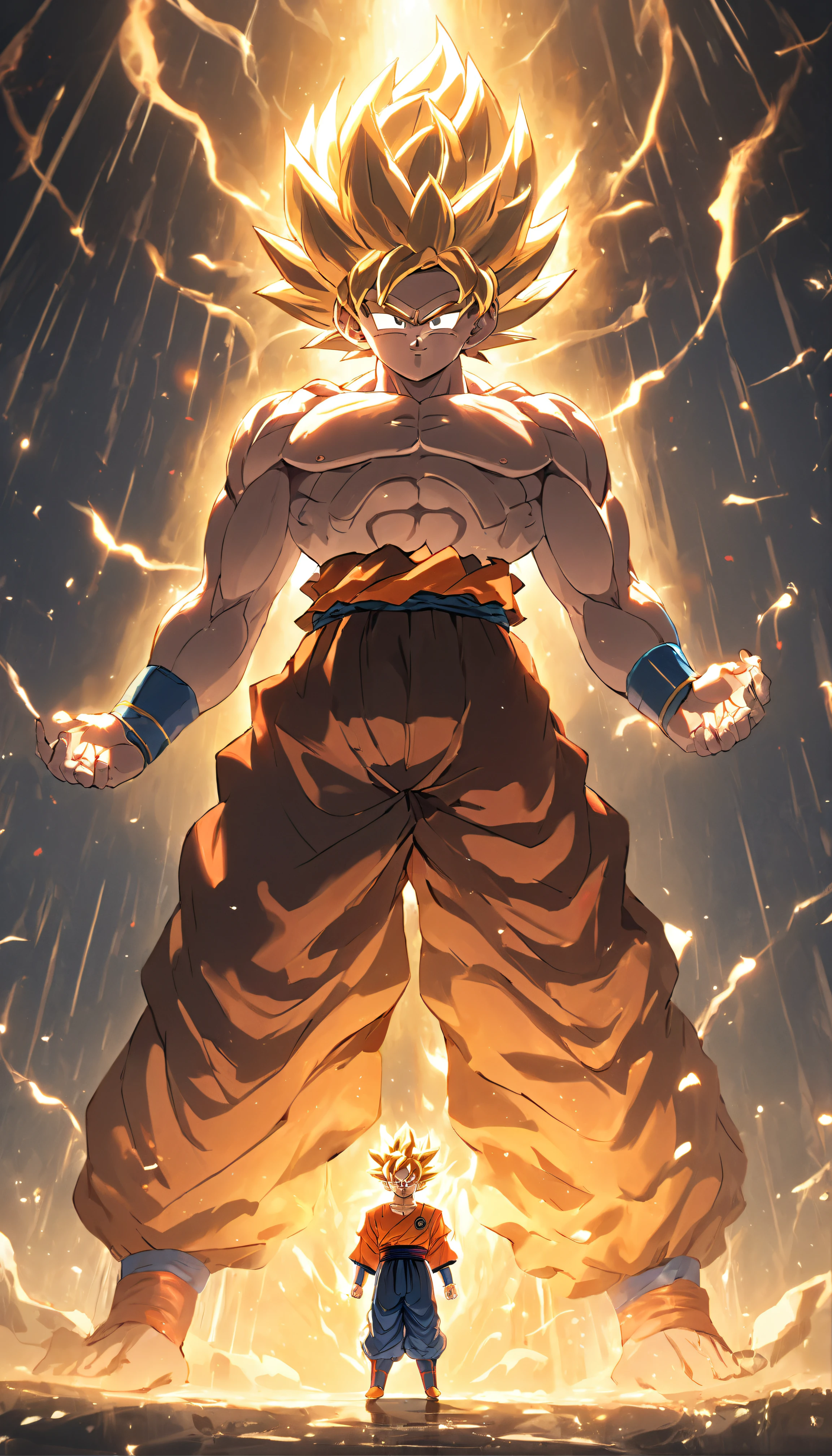 (Super instinctive Goku stands in front of the golden glowing Buddha,Transparent Buddha statue,Chinese painting style,close-up intensity,Zhong Fenghua,Kazuyuki Takamatsu,Han Yonghao,god light,The sun shines,Mirror light effect,3Drenderingof,Zbrush rendering)