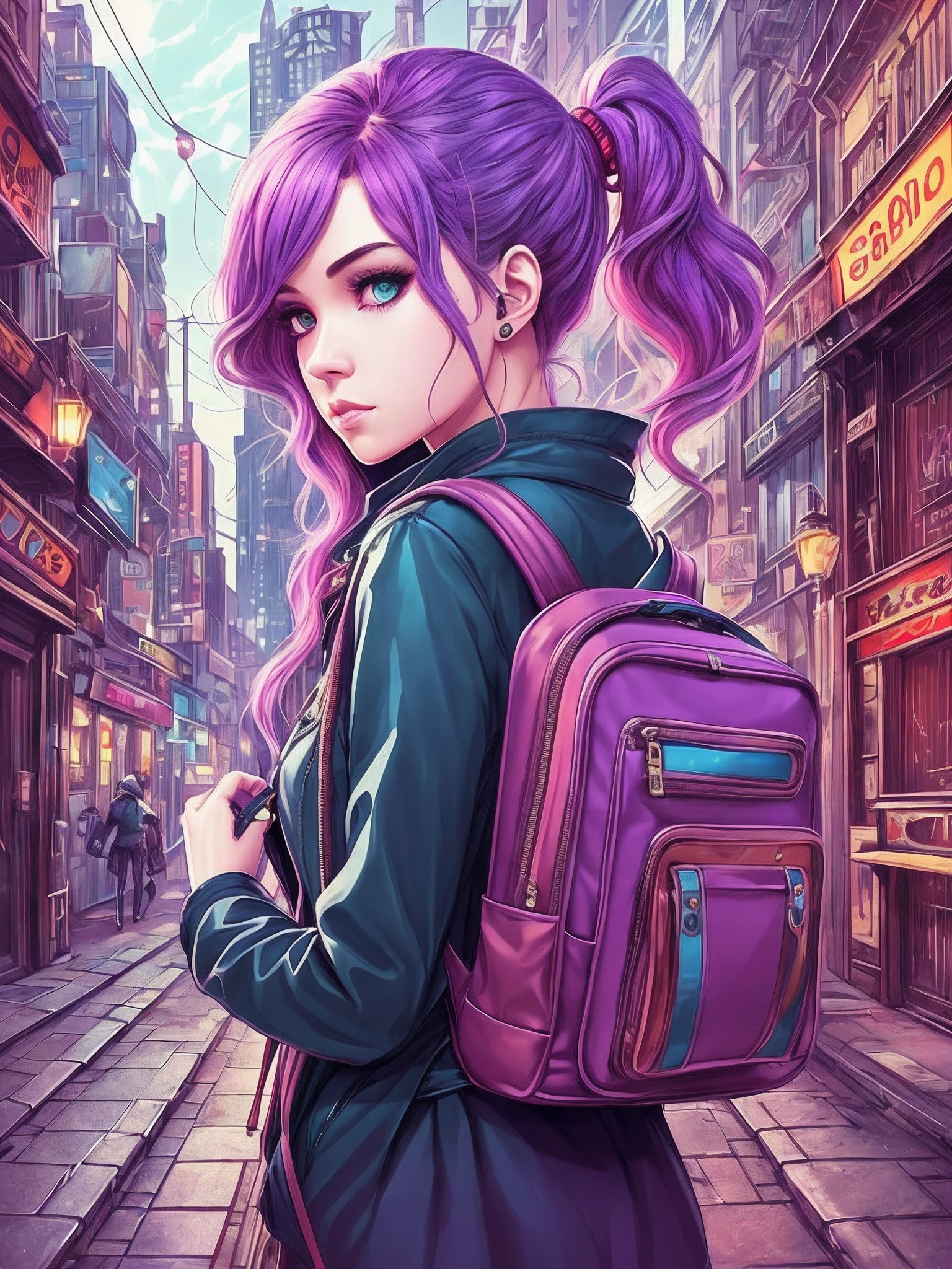 a close up of a person walking down a street with a royal gramma purple backpack, looks a blend of grimes, artwork in the style of guweiz, resembling a mix of grimes, ava max, guweiz, gta character, looks like a mix of grimes, front cover of a new video game, official artwork, realistically rendered clothing, promo art, album art --auto --s2
