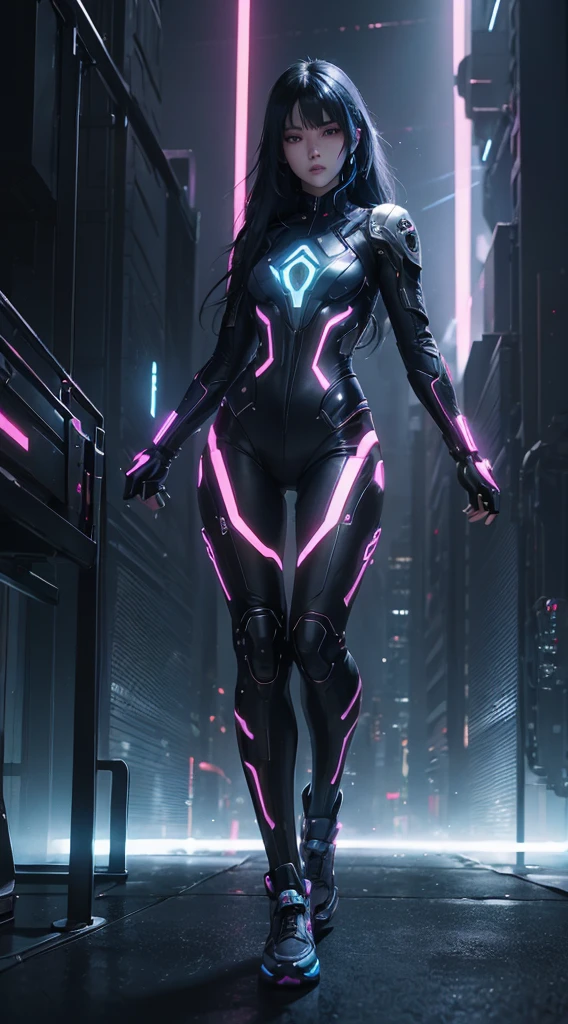 (Full body posing:1.5), (colorful:1.2), Dynamic angle, (extremely detailed CG unity 16k wallpaper:1.1), (Denoising strength: 1.45), (tmasterpiece:1.37), Parallel universe girl, cyberpunk style, multiple mirrors, eye-catching, strong visual impact, full of personality, unique shape, mystery, futuristic technology, musical elements, strong rhythm, bright colors, powerful lines, Neon light effect, dark atmosphere, dynamic music., blue_jijiaS, CyberpunkAI, ((full body)), god rays, sparkle