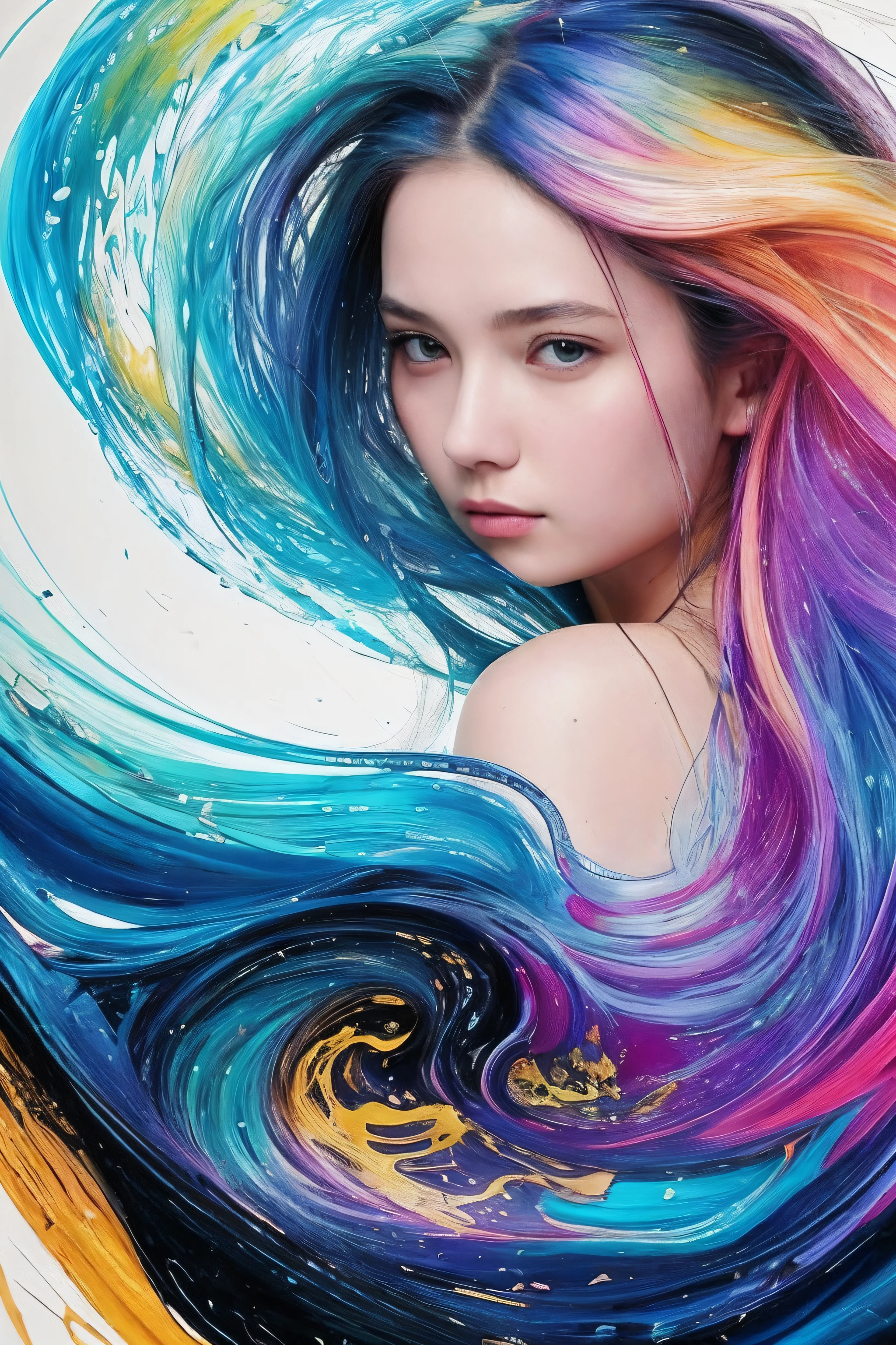 Colorful beautiful girl:A 20-year-old girl,messy hair,oil painted,perfect face,Soft skin perfect face,blue yellow colors,Light purple and violet color added,Light red color added,Complicated details,Splash screen,8K分辨率,tmasterpiece, cute face, ArtStation digital painting is smooth and very black ink flow:8k resolution photorealistic masterpiece:intricately detailed fluid gouache painting:Written by Jean Baptiste Mongue:caligraphy:propylene:water color art,professional photoshooting,natural lightting,Volumetric lighting minimalist photographic illustration:Written by Marton Bobzert: ,复杂,ellegance,sprawling,dream magical,Wavy hair,with dynamism,sad