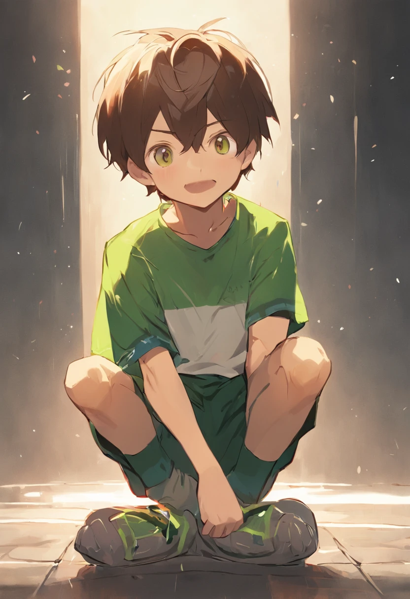 depiction: 6 boy Tom,with short brown hair,Tall,Brown curious eyes,blue tshirts,green shorts。Pose 1: Stand excitedly,Gaze into the distance。Pose 2: Smiling and sitting on the ground,Focus on reading。Pose 3: Hold your knees to your chest,Slightly sad。Pose 4: Wave goodbye,Full of happiness。(Image generation)