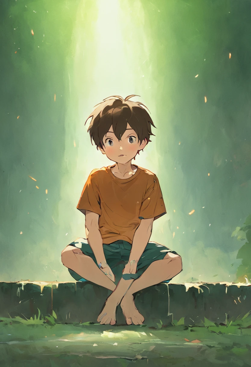 depiction: 6 boy Tom,with short brown hair,Tall,Brown curious eyes,blue tshirts,green shorts。Pose 1: Stand excitedly,Gaze into the distance。Pose 2: Smiling and sitting on the ground,Focus on reading。Pose 3: Hold your knees to your chest,Slightly sad。Pose 4: Wave goodbye,Full of happiness。(Image generation)