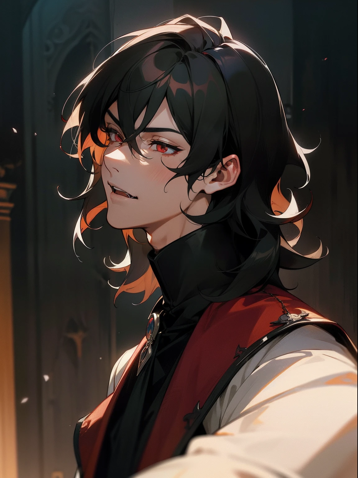 masterpiece, best quality, male character, black hair hair, red eyes, mullet, wavy hair, short hair, vampire, fangs,  religious imagery, rosary, stylized character design, high quality character design, detailed character design, great character design, male, highly detailed outfit, hot, seme, sakuma rei, antique, garter belts, frontage, lateral face, lovely boy, perfect face, detailed eyes, elegant, muscular, handsome man, dark, facing camera, bloody, gothic, vampirism, pierced ears, elegant, handsome, historic, dark background, dark room, candid, neutral face, very dark background, indoors, nighttime, relaxed, peaceful, midnight, posing, prayer, beautiful, happy, kind, gentle, tall man, sexy anime man, hot anime man