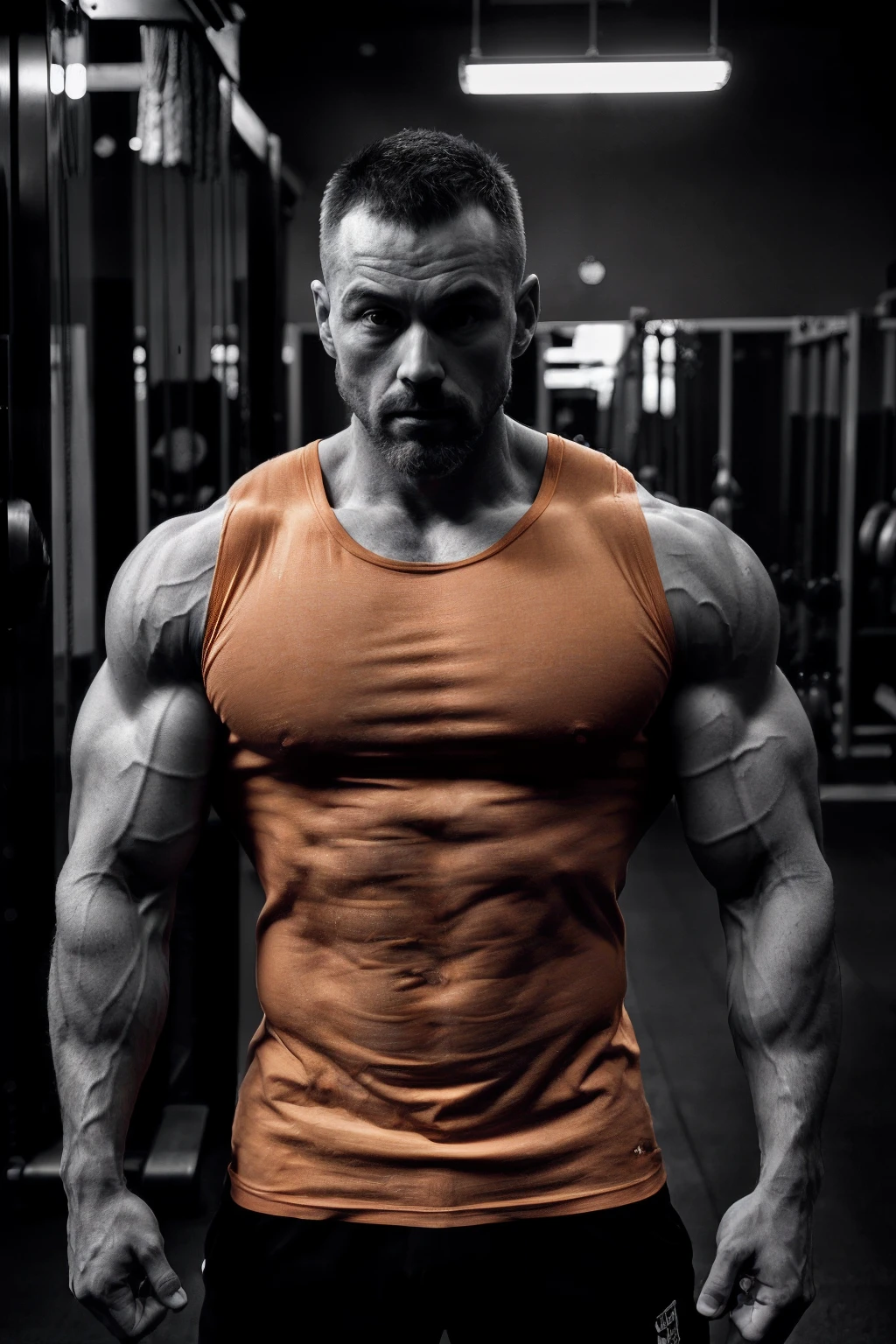 8K(masutepiece:1.2),(Best Quality:1.2),(Ultra-detailed:1.2),(highly contrast:1.2),(monochromes:1.1),(Strong men),(Orange T-shirt),(Bodybuilding Gym),(dark environment),(A light),(Monochrome photography:1.1)