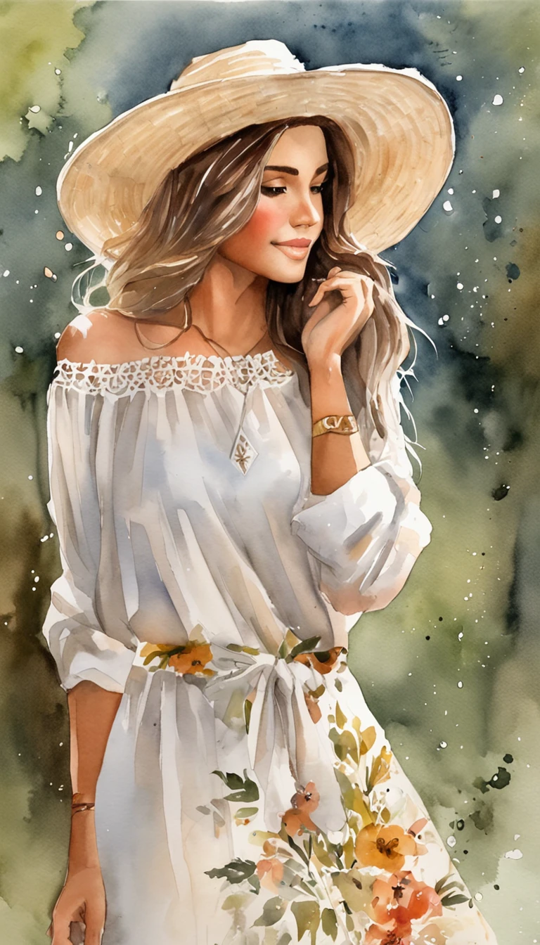 (Mejor calidad,tmasterpiece), Hermosa mujer vintage, Hermosa diosa, ((La camisa, falda larga, semi transparente, floral)), hermosos accesorios para el cabello, Maple Grove, Escena detallada, la noche, Starrysky, cool light, (Colores cian, colores blancos), ((Desde el lado Lado)), ((cuerpo completosbian)), ((realista))