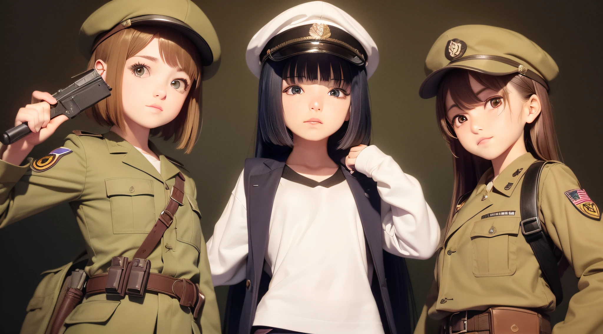 3 girls posing for a photo with army clothes