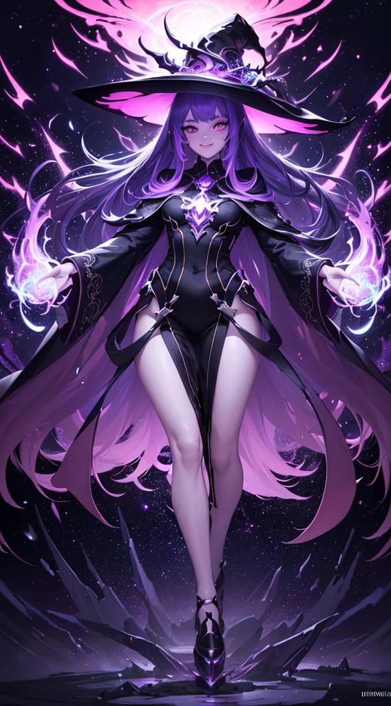 She mostly remains the same except that her hair changes from black from to purple while the black and purple blend together into her costume and her cat iris change to circle and she gains an extra pair of 3 neon green on either side that lead to neon green circles at the base of neck as well as 3 more that curve down with 5 more neon green circle that come down each of her legs. She also has a clear purple cape attached to her arms and back. SPARKLE; GLITTER