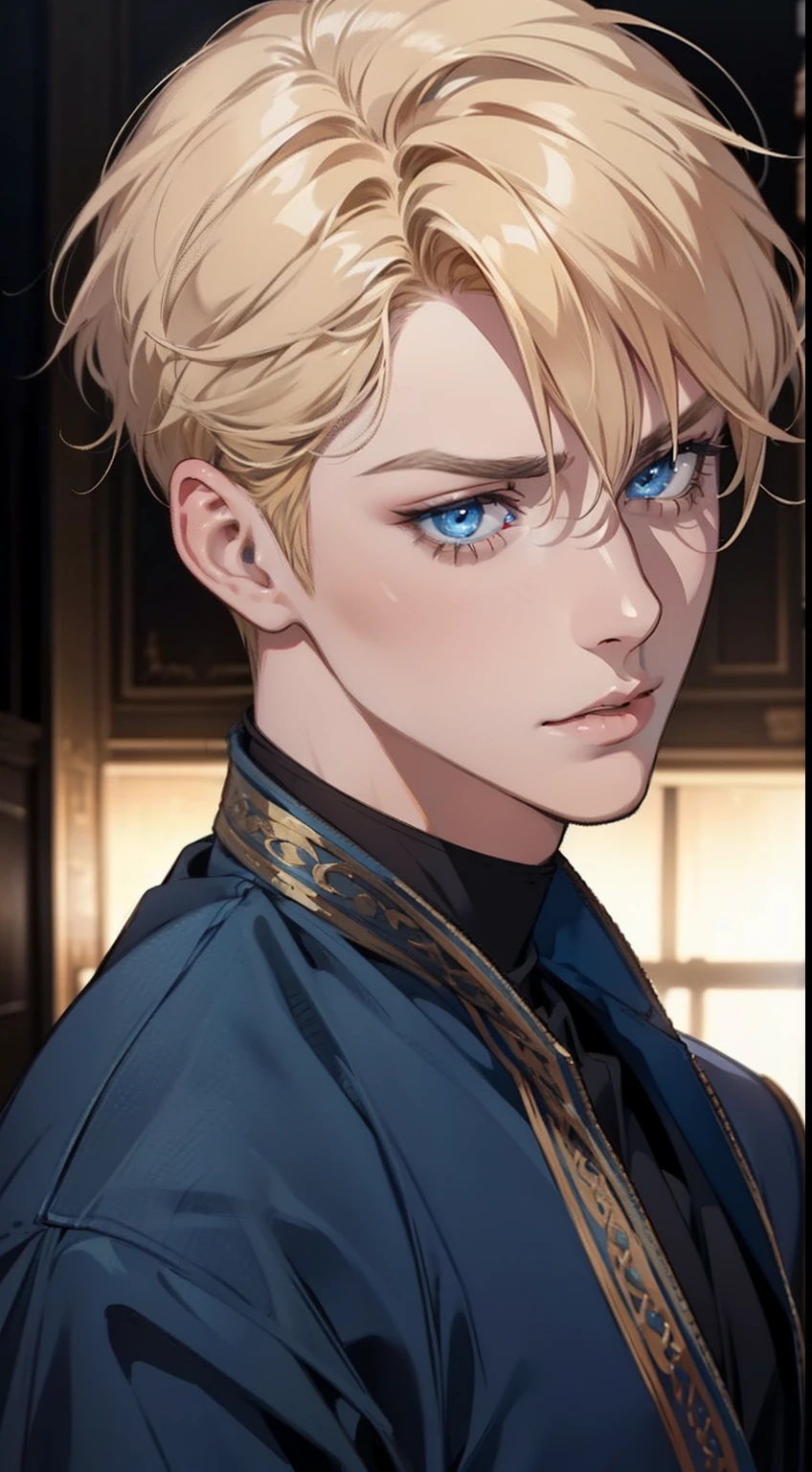 1 male with unique and beautiful features. He has bronze skin, short blond hair, ((big eyes, charming blue eyes, that give his face a touch of mystery and attraction)), He wears elegant and innovative clothes that reflect a unique character and a strong personality, 8k, high quilty, realistic, beautiful realistic, Cool details, raw photo, realistic clothing, short hair, blond hair, realistic hair, Light and cool lighting, photo realistic, Cel shaded, Gel lighting, ultra details