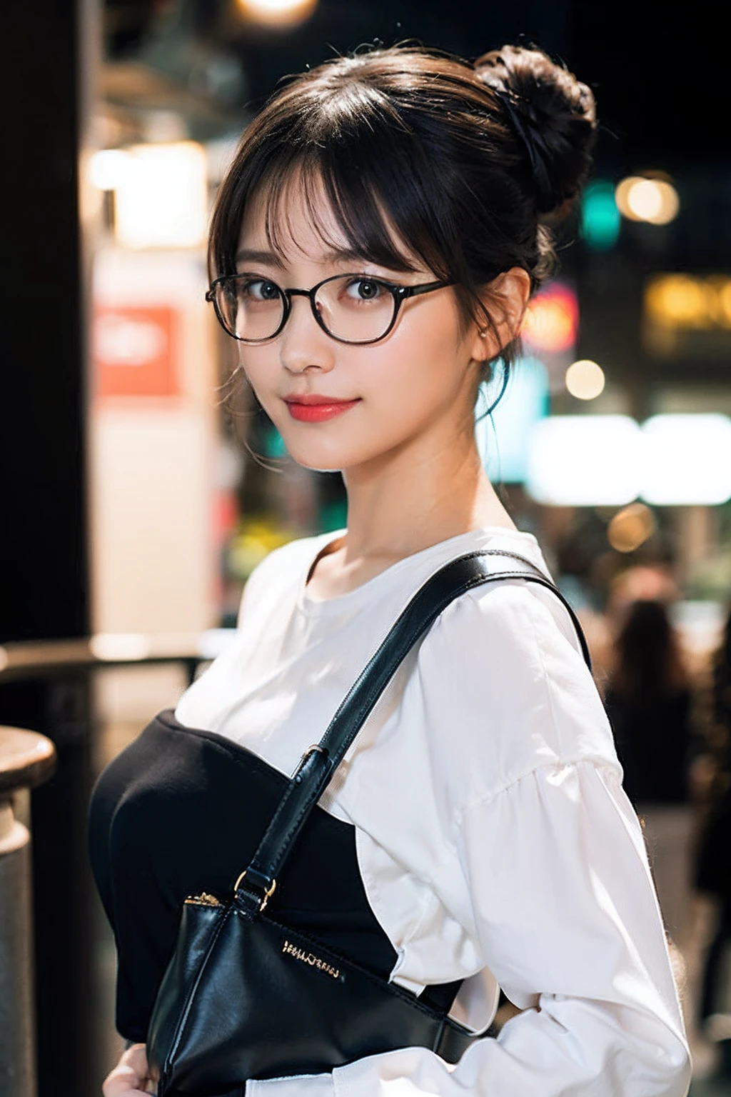 (8K、Raw photography、top-quality、masterpiece:1.2)、(realisitic、Photorealsitic:1.37)、ultra-detailliert、超A high resolution、1人、see the beholder、beautifull detailed face、A smile、Constriction、(Slim waist) :1.3)、((White shirt clothes))、Beautiful detailed skin、Skin Texture、Floating hair、((Hair bunched into one))、large breasts with good shape、Professional Lighting、In front of the station at noon、((Black square glasses))、Whole human body、Black hair、((Have a shoulder bag))、