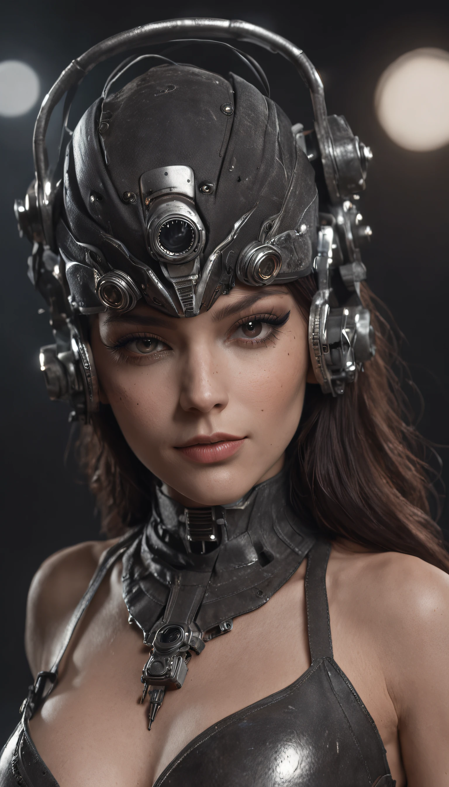 mulher guerreira ciborgue bonita no estilo RustMagic, aumento cyberpunk, Cyber Software, ciborgue, fibra de carbono, cromar, Implantes, metal skull, Cyber Plate Armadura, (atmosfera escura:1.2), (nevoeiro & smoke billowing), (It's dark night:1.3), cicatrizes, (medium length shaggy dark hair:1.1), (Sombras:1.1), (brilho lindamente detalhado:1.2), (Cinematic lighting), Talhistas intrincados, alta resolução, olhos arredondados, detailed facial features, foco nítido, liso, aesthetic, Detailed dark background of industrial factory, pose estilosa, Dinamismo, (dramapaint)