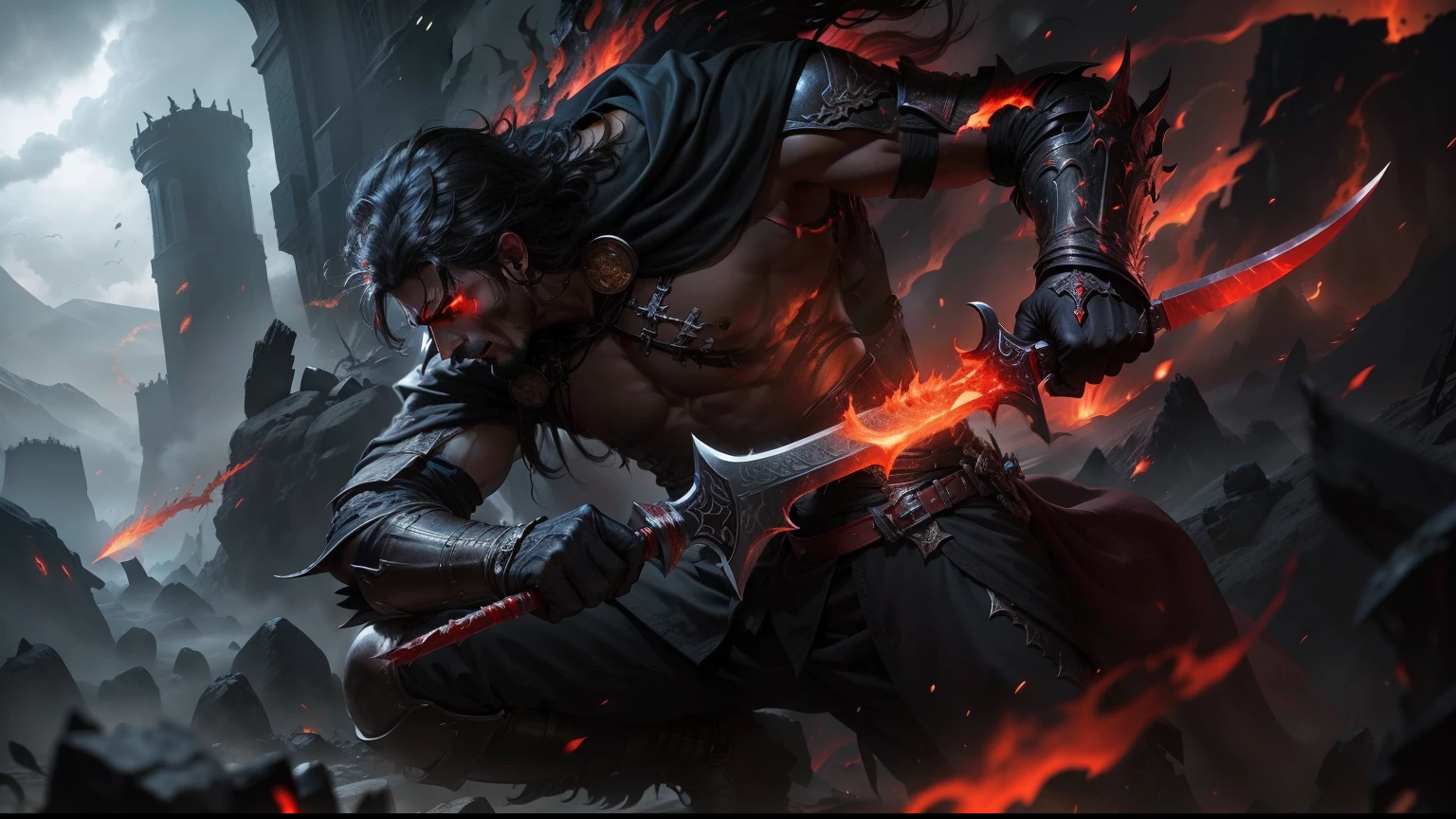 Nightbringer,male people,The red flame knife in hand is about to pull out its scabbard,End-time scenes of volcanic eruptions