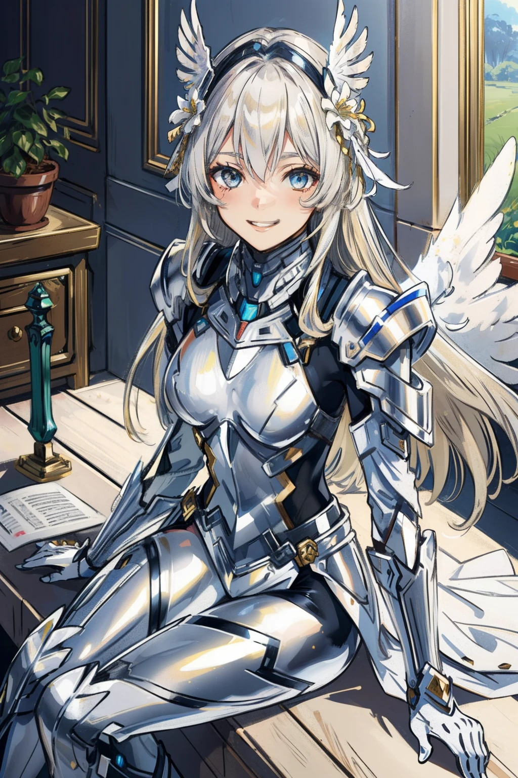 (master piece, Best Quality), Intricate details, valkyrie, kawaii, Happy smile, (((Laugh))), Looking at Viewer, Feather Headgear, Flower meadow, Sitting, flat breast, 22year old, white balance,
1 girl in, Solo, Portrait, long Plutinum Blonde Hair, droopy eyes, Silver Single Thigh, silver Independent Single Sleeve, silver gloves,
mecha musume, silver bodysuit, Silver Reinforced Suit, close the Feather wings, silver pantyhose, silver full armor, flower decoration, equip sword,