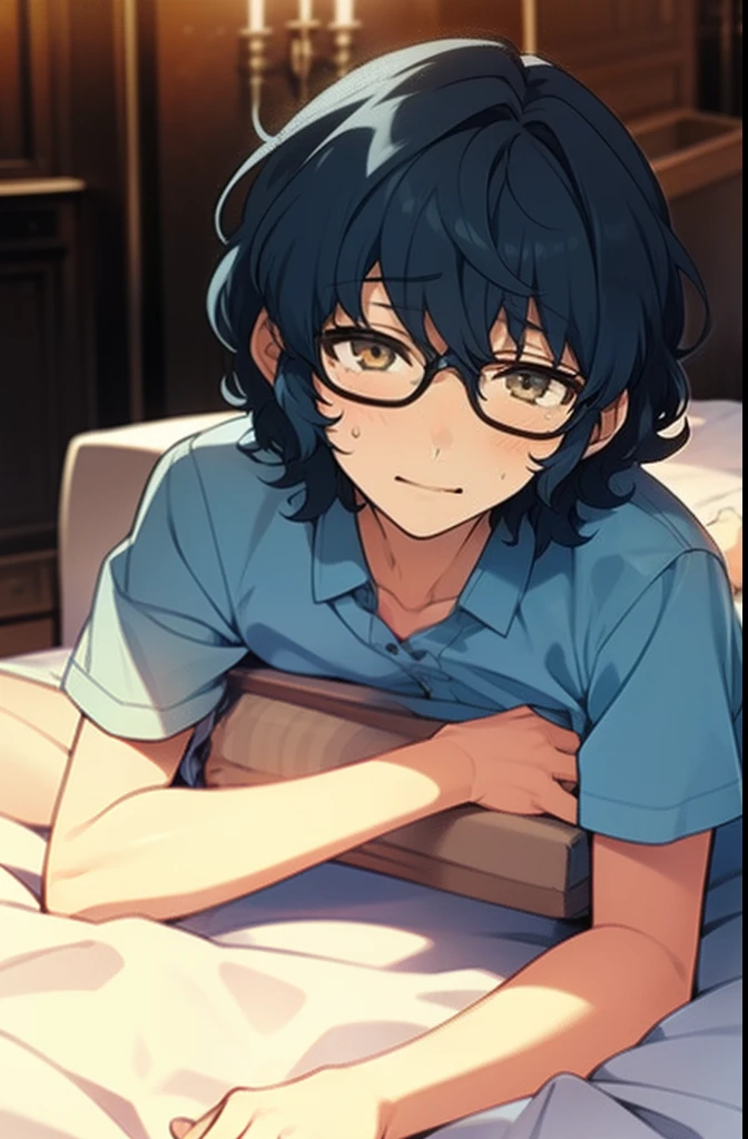 young girl, young girl with  short hair, light blue hair stroke, glasses, golden eyes, young girl on bed, wearing a black pajama, frown, blush, lying on bed, holding chest, solo girl, dark blue hair, wavy short hair, tousled hair, solo girl, girl focus, 1girl, flat girl, blushing, crying, tears