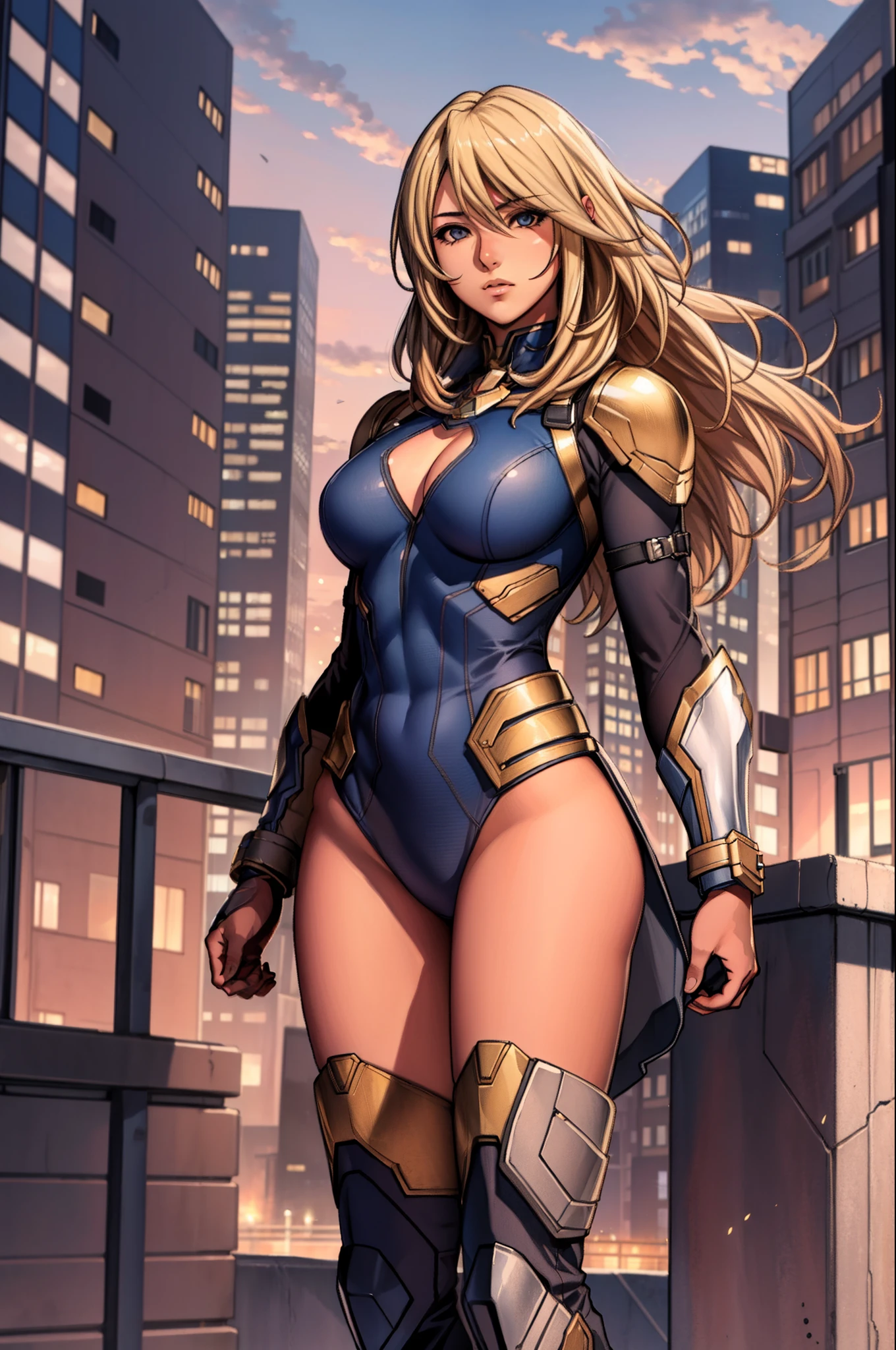 masterpiece, best quality, agrias, leotard, standing, looking at viewer, blonde hair, superhero, boots, city backdrop