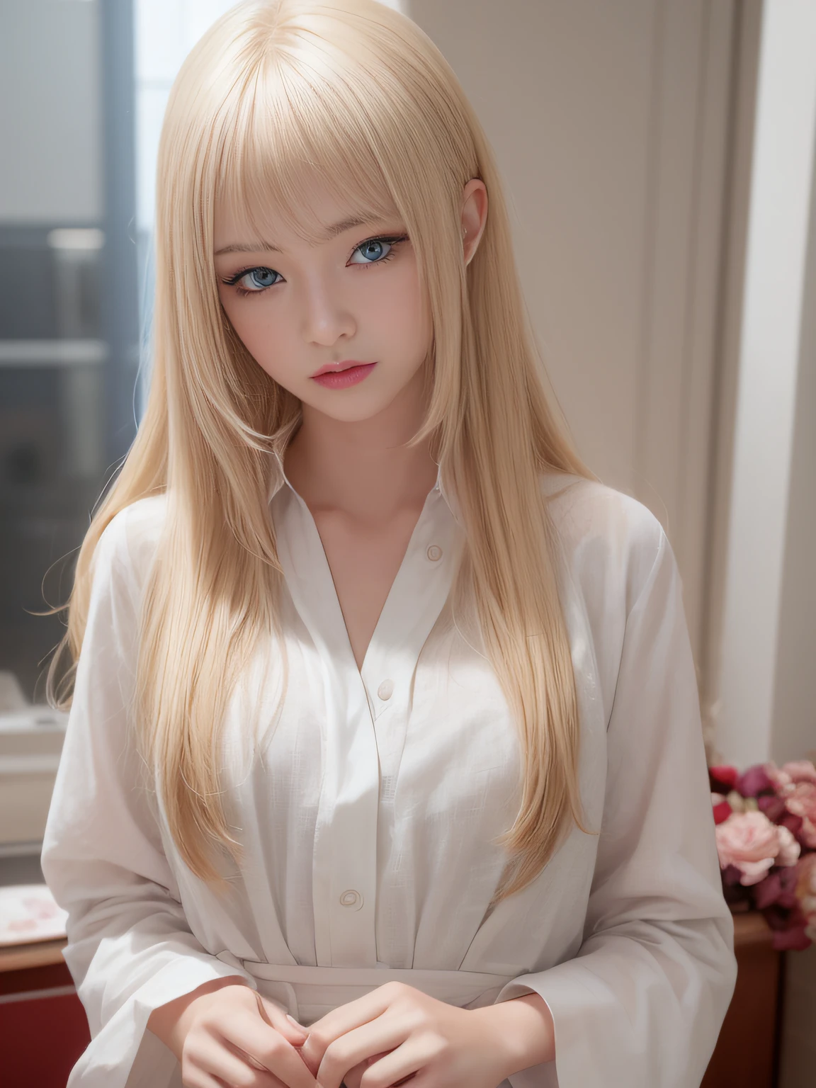 The most beautiful blonde hair in the world、beautiful bangs、Super Long Straight Hair、Crystal clear navy blue eyes，Like a gem、Clear white wet dressing gown、European youth、perfect bodies、ultimate beauty girl、Beautiful 17 years old、White shiny skin、face perfect、Bright makeup、Thin pink lips、Girl in the shower、1 girl in、Unbuttoned shirt、lipsticks、Colored inner hair、Deceptive advertising、{steams}、Audience view、Golden hour lighting、comic strip、Bokeh atmosphere perspective、detaileds、Movie light、intricately details、A high resolution、 Detailed features of the facial design、high detal、Clear focus、Smoothness、Aesthetics、high detal、Printed、octane、{{tmasterpiece}}