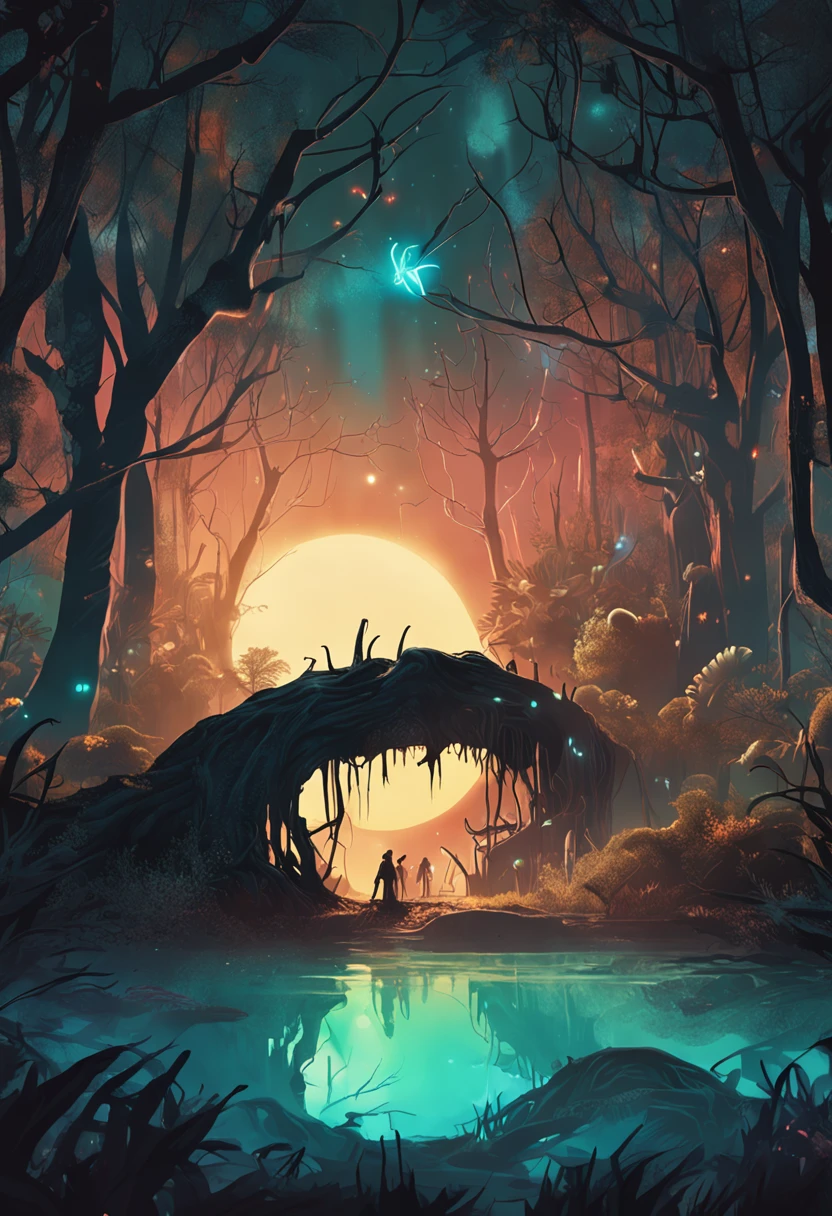 "Create an enchanting forest scene with towering, bioluminescent trees that emit a soft, otherworldly glow. Show a clear, starlit sky above, and mysterious creatures lurking in the shadows."