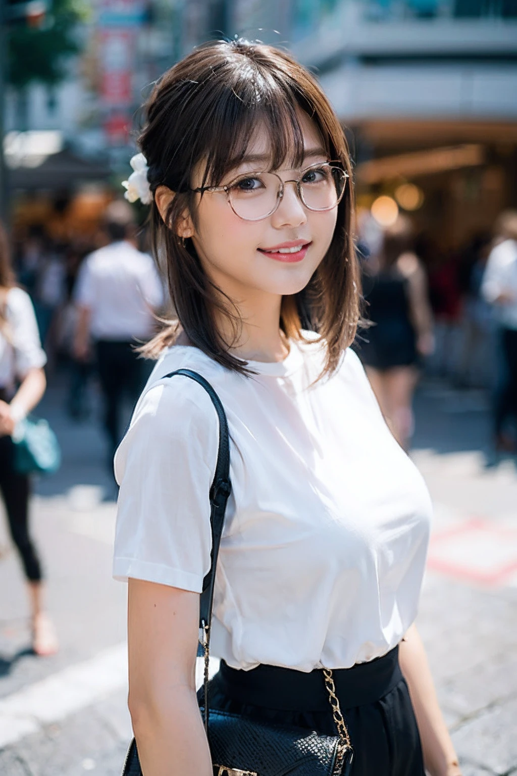 (8K、Raw photography、top-quality、​masterpiece:1.2)、(realisitic、Photorealsitic:1.37)、ultra-detailliert、超A high resolution、女の子1人、see the beholder、beautifull detailed face、A smile、Constriction、(Slim waist) :1.3)、((White shirt clothes))、Beautiful detailed skin、Skin Texture、Floating hair、((Hair bunched into one))、large breasts with good shape、Professional Lighting、In front of the station at noon、((Black square glasses))、Whole human body、Black hair、((Have a shoulder bag))、