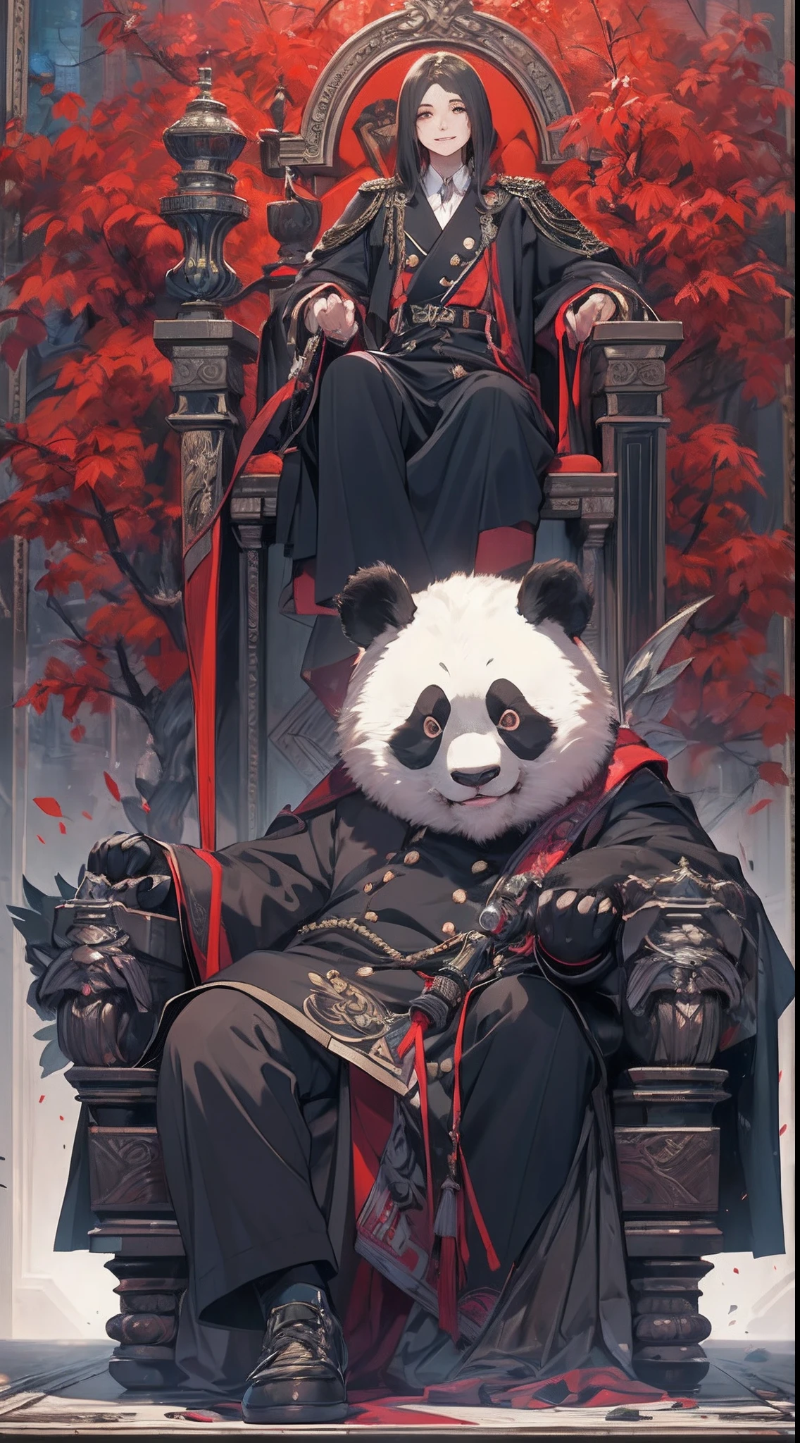 (1male people)、(The appearance of the panda)、(Musculoskeletal augmentation々)、(confident grin:1.2)、(Top image quality)、(8K picture quality)、(masutepiece)、(Full body photo:1.3)、cinematric light, Cinema Shadow, Sharp Image, Extremely detailed,、beautiful effects, Muted colors, Highly detailed image textures, detailed hairs, Detailed face、(Red aura overflowing from clothes:1.3)、(Is sitting on the throne)、(military outfits)