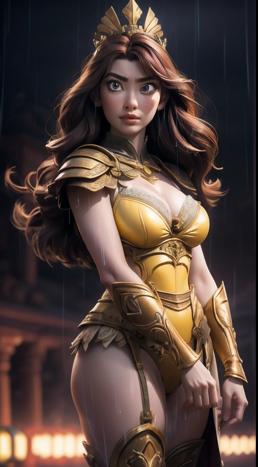 (surrealistic), (hight resolution), (8K), (ighly detailed), (beatiful detailed eyes), (top-quality), (ultra-detailliert)、intricate detailes、
1girl in、fullbody image、(Goddess of battle、Powerful beauty、hali々and has)、perfectly proportions、big eye:1.5、Pretty eyes、Bewitching、Sexy Woman、爆乳、big breasts thin waist、nabel、Crotch gap、thighs thighs thighs thighs、beautiful countenance、A detailed face、Perfect figure:1.4、(shinny skin), (cleavage of the breast)、length hair、the wind、Red BRA、 long ugly hair, (Brown hair:1.3)、Look at viewers, Wearing complex red super armor、Clear focus:1.2、Lightning Effect、(Lightning falls in front of you:1.12)、(Lots of rain:1.5)、(very heavy rain.:1.5)、Ultra-detailed large crown adorned with jewels:1.2)、Colossal tits、oppai、Translucent sexy underwear、I see the purple flag、Gemstones with intricate details、(Ultra-detailed yellow armor adorned with jewels:1.3)、diffuse lighting、Valhalla Valkyrie、(Realistic lighting)、Light up your face、Lights from the front、Shine a light on your face、