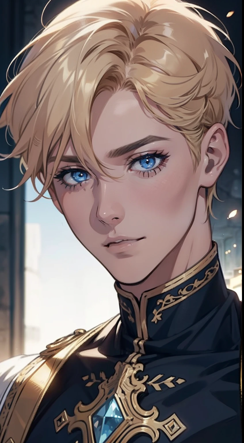1 male with unique and beautiful features. He has bronze skin, short blond hair, ((big eyes, charming blue eyes, that give his face a touch of mystery and attraction)), He wears elegant and innovative clothes that reflect a unique character and a strong personality, 8k, high quilty, realistic, beautiful realistic, Cool details, raw photo, realistic clothing, short hair, blond hair, realistic hair, Light and cool lighting, photo realistic, Cel shaded, Gel lighting, ultra details
