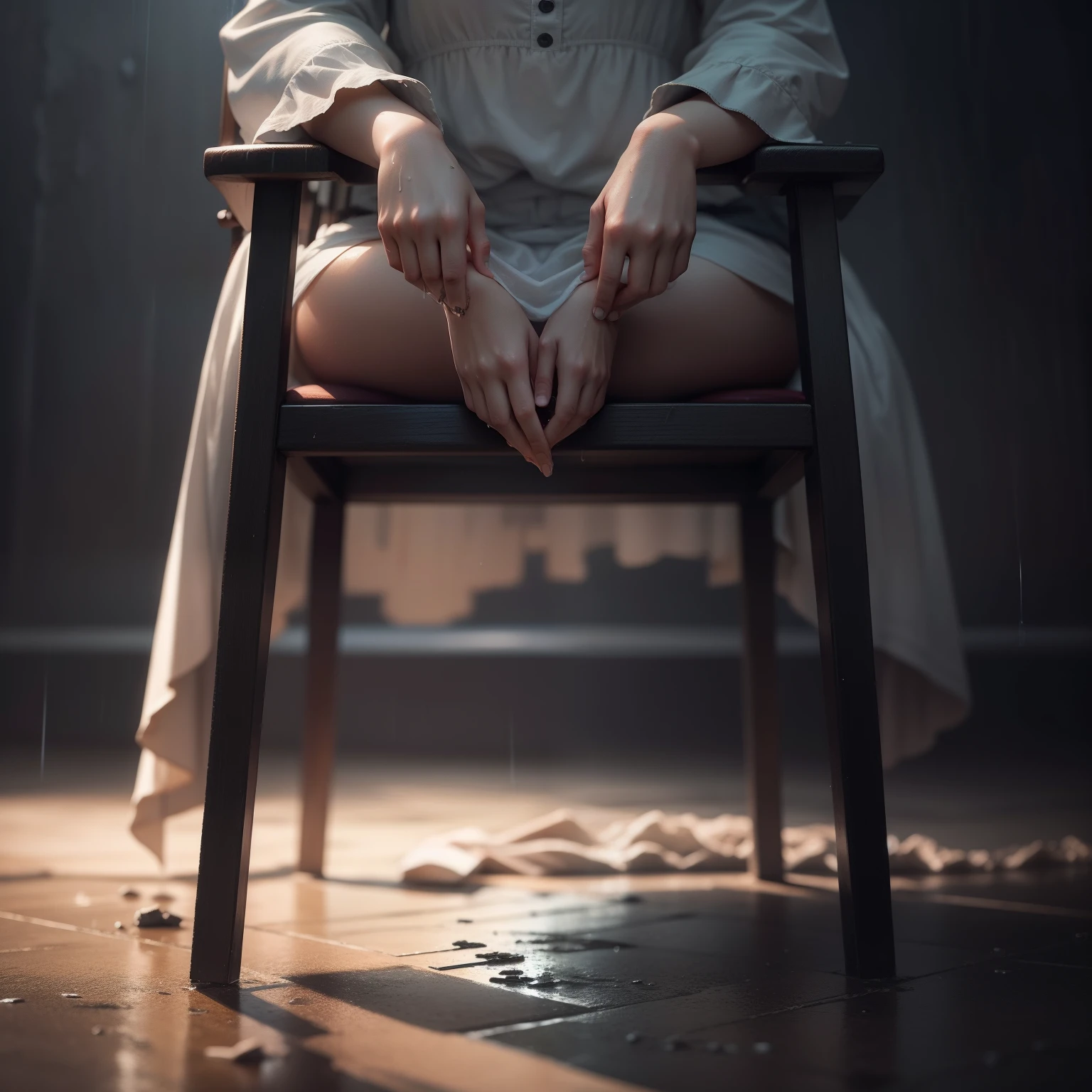 fundo predominantemente cinza-azulado, creating a melancholic and somber atmosphere. No centro, A lone female human figure is sitting in a chair, De costas para o espectador. The figure looks shrunken and vulnerable, com os ombros curvados para a frente.

Acima da mulher, a fine rain falls from the sky, representing the sadness and emotional pain that accompany depression. Rain is represented by small drops of water that form loose letters, criando um efeito sutil de palavras se desfazendo.

Na parte inferior, An incomplete puzzle is strewn across the floor, with missing and scattered parts. This symbolizes the sense of disconnection and the difficulty of putting the pieces of life together that is often associated with depression.