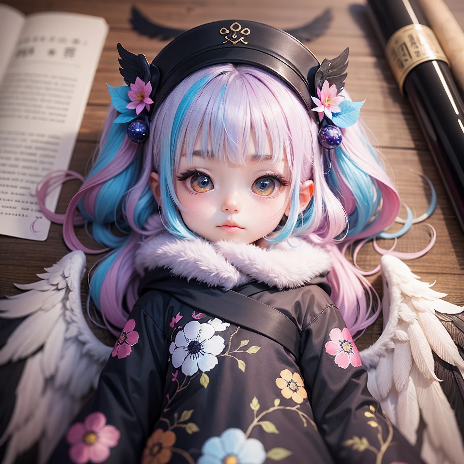 A kawaii with multicolored wings,Inspired by Lyckey,Chibi Art,inspired by Tawaraya Sōtatsu,Inspired by Yundu Snow,inspired by Wang Lü --auto --s2
