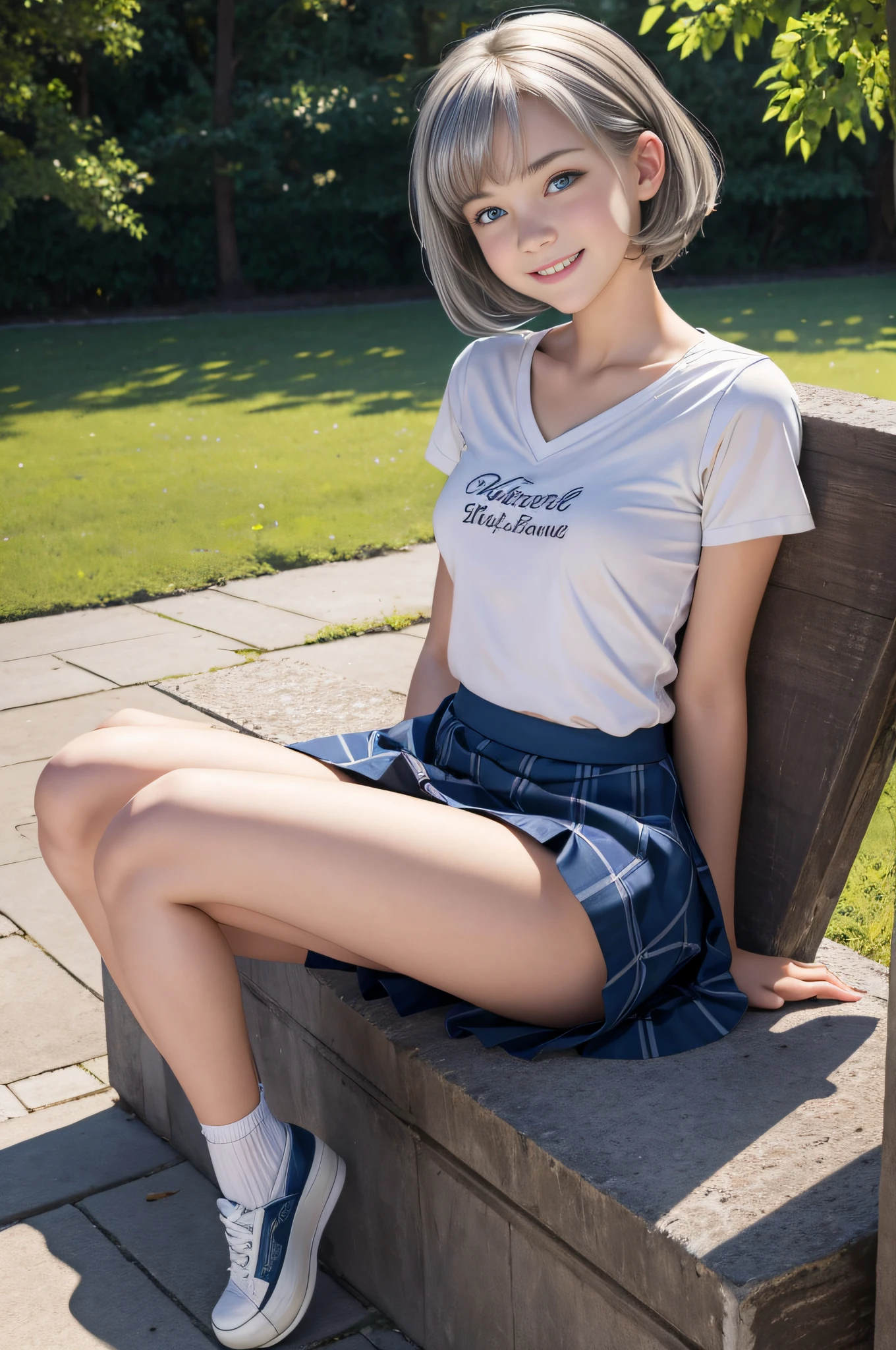 masterpiece, best quality, ((female teen)), (((turn over the skirt))),(cinematic proof),clear face, cute teenage girls,perfect anatomy, happy smile,winkking,open legs,silver short hair,blue eyes, realistic face, realistic,dynamic angle, (1girl), solo focus, small breast, ((lolita)),photoreal,hug,looking at viewer,sitting in the park,from below,((outdoor)),yo