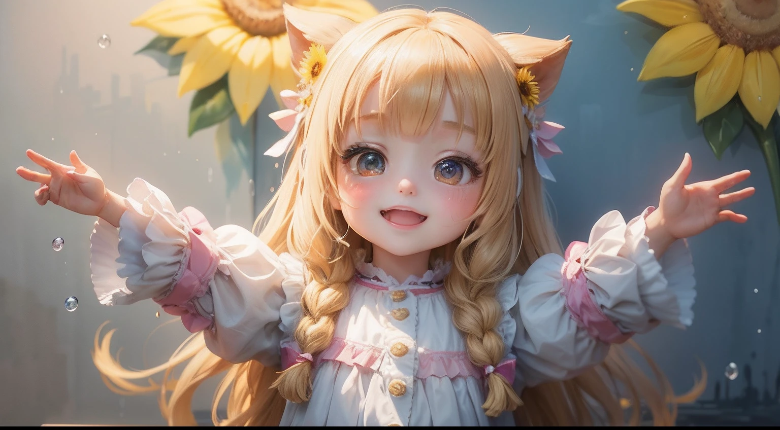 photoRealstic、Doll standing in front of the painting、laugh face、Water droplets on the cheeks、Selfie Pose、spreading arms widely、Sengai、pixiv、rokoko、dollfie dream、watercolor Nendoroid、(High Definition Figure)、flowing sakura-colored silk、nendroid、bustup、Sunflower petals、season!!: 夏☀ 🍂 ヒマワリ