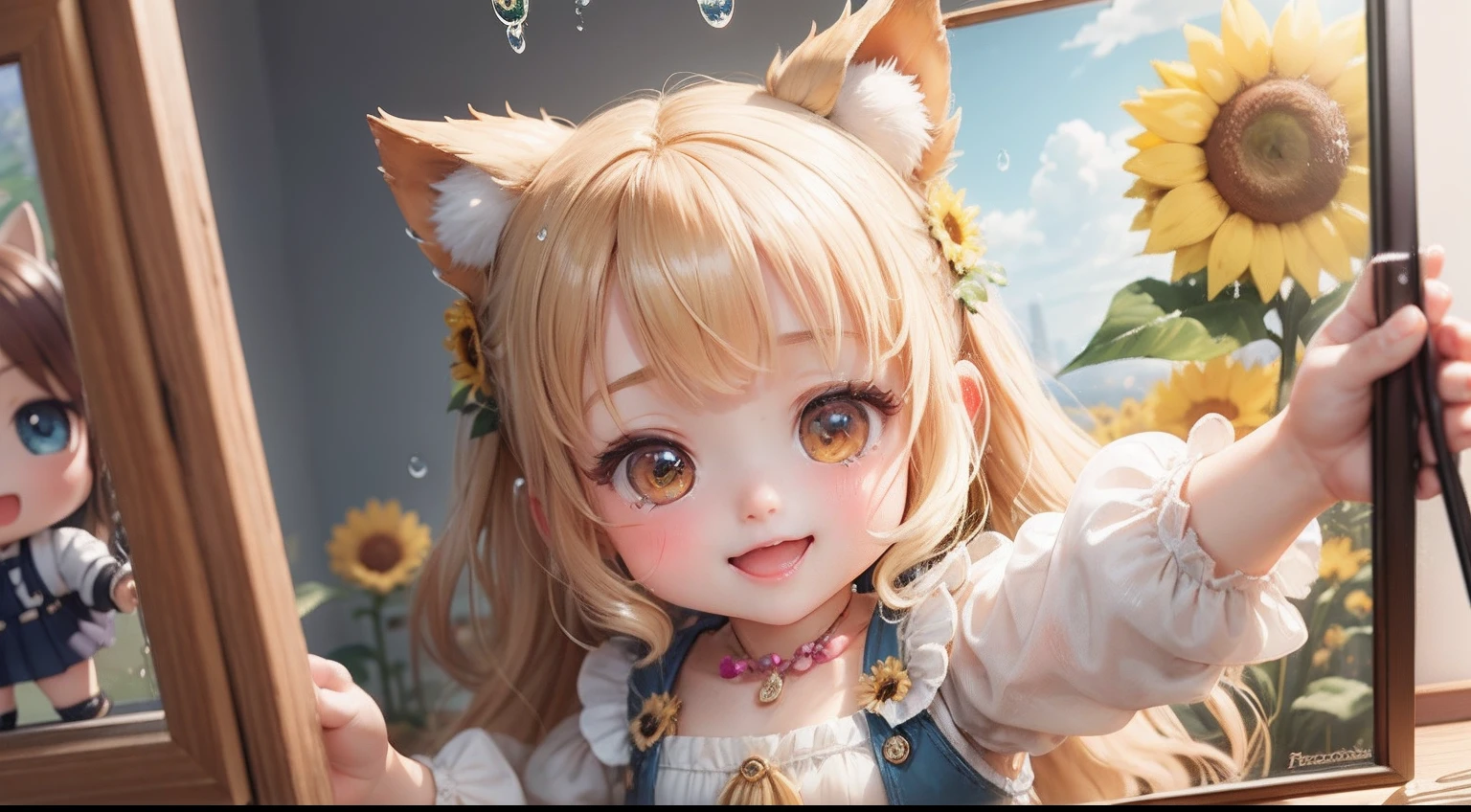 photoRealstic、Doll standing in front of the painting、laugh face、Water droplets on the cheeks、Selfie Pose、spreading arms widely、Sengai、pixiv、rokoko、dollfie dream、watercolor Nendoroid、(High Definition Figure)、flowing sakura-colored silk、nendroid、bustup、Sunflower petals、season!!: 夏☀ 🍂 ヒマワリ