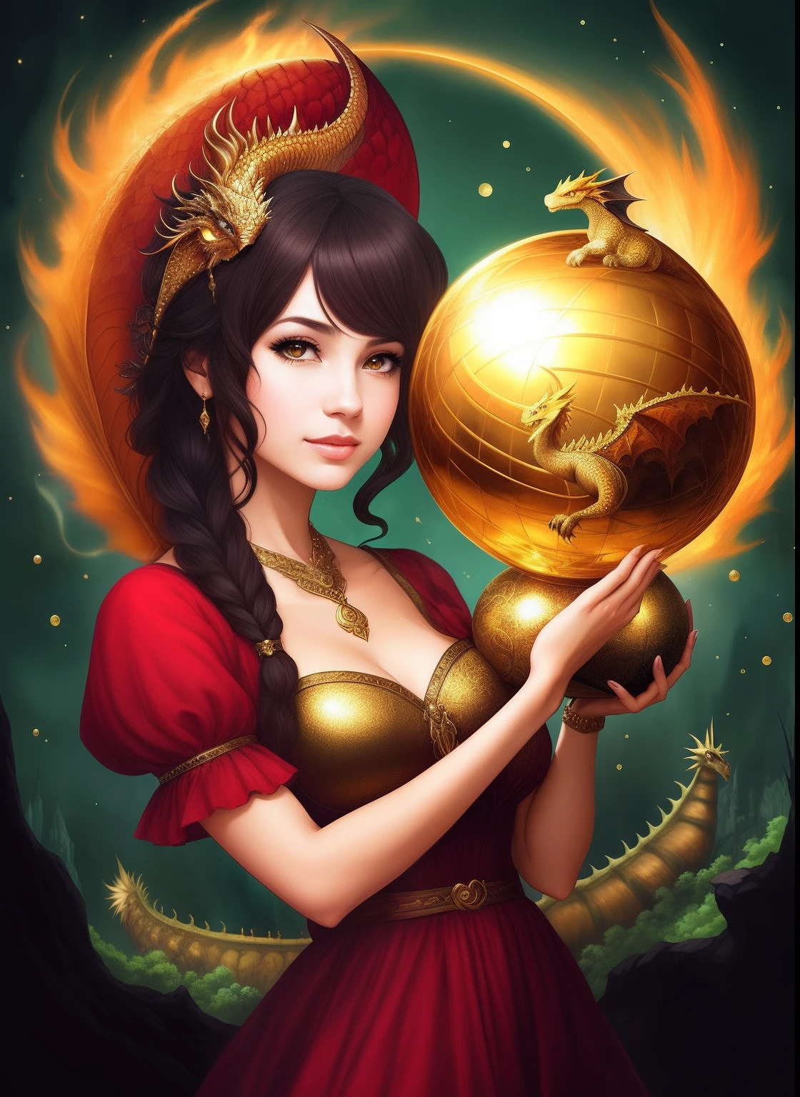 a woman holding a golden ball with a dragon on it, fantasia realista intrincada, amazing fantasy art, arte de fantasia realista, arte de fantasia hiperrealista, realistic fantasy illustration, Capa de livro de fantasia, arte fantasia behance, arte de fantasia detalhada, fantasy illustrations, arte digital de fantasia detalhada, arte de fantasia digital em alta, arte de fantasia altamente detalhada, detailed fantasy illustration, arte de fantasia, dragon girl
