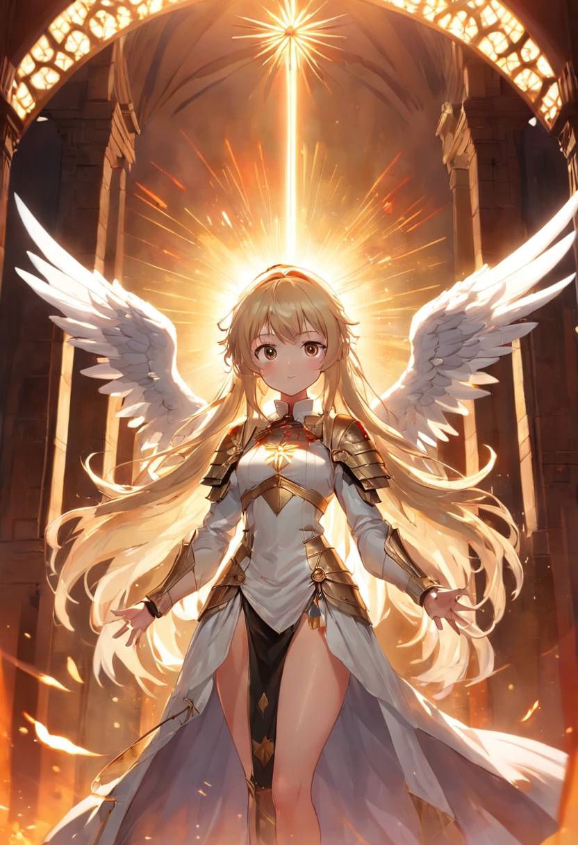 Iberia as a masterpiece of God；Background；suns，ray of lights；The angel's weapon in hand；Beautiful mature woman；Ultra photo realsisim