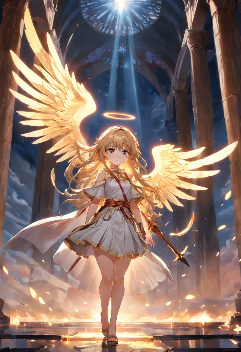 Iberia as a masterpiece of God；Background；suns，ray of lights；The angel's weapon in hand；Beautiful woman；Ultra photo realsisim