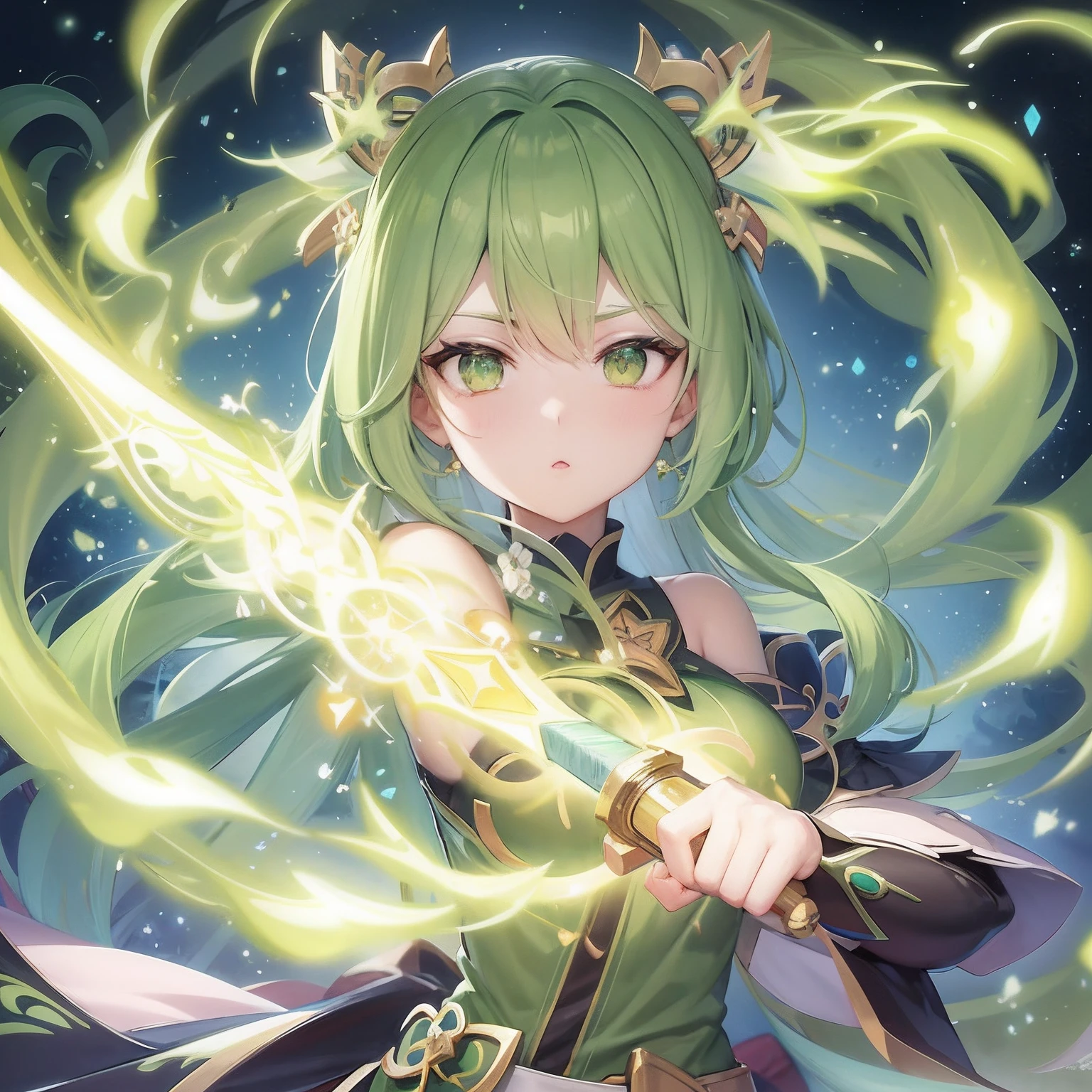 anime girl with green hair holding a sword in front of a starr sky, ayaka genshin impact, glowing green soul blade, green lightning, green aura, keqing from genshin impact, ayaka game genshin impact, anime goddess, detailed key anime art, portrait knights of zodiac girl, official anime artwork, goddess of lightning, high detailed official artwork