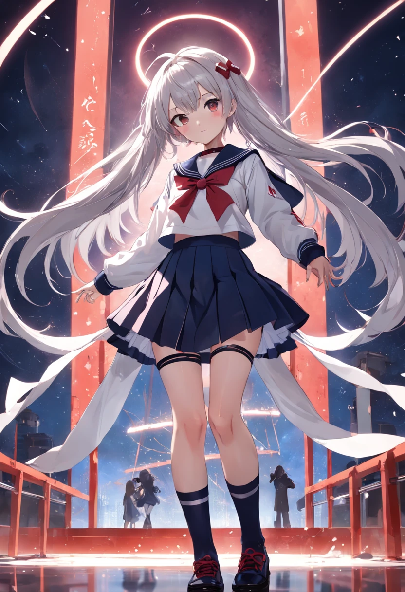 quadratic element,teens girl,Superskirt,a sailor suit,black lence stockings,Flushed complexion,full bodyesbian,white color hair,red color eyes,Lift the skirt,is shy