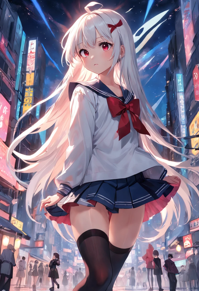 quadratic element,s girl,Superskirt,a sailor suit,black lence stockings,Flushed complexion,full bodyesbian,white color hair,red color eyes,Lift the skirt,is shy