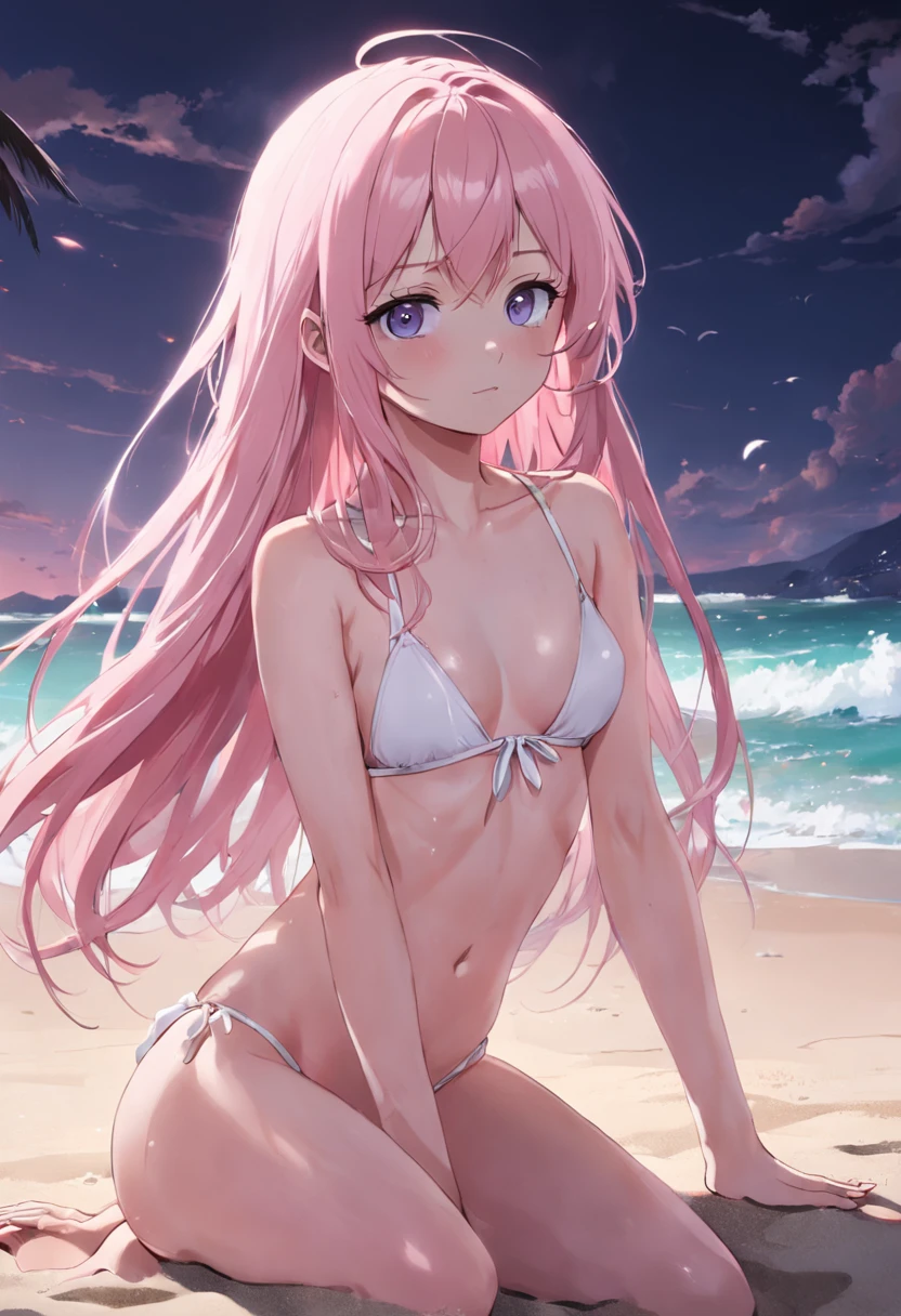 beachside,A girl in a white bikini,Pink Long Hair,Gray eye,full bodyesbian