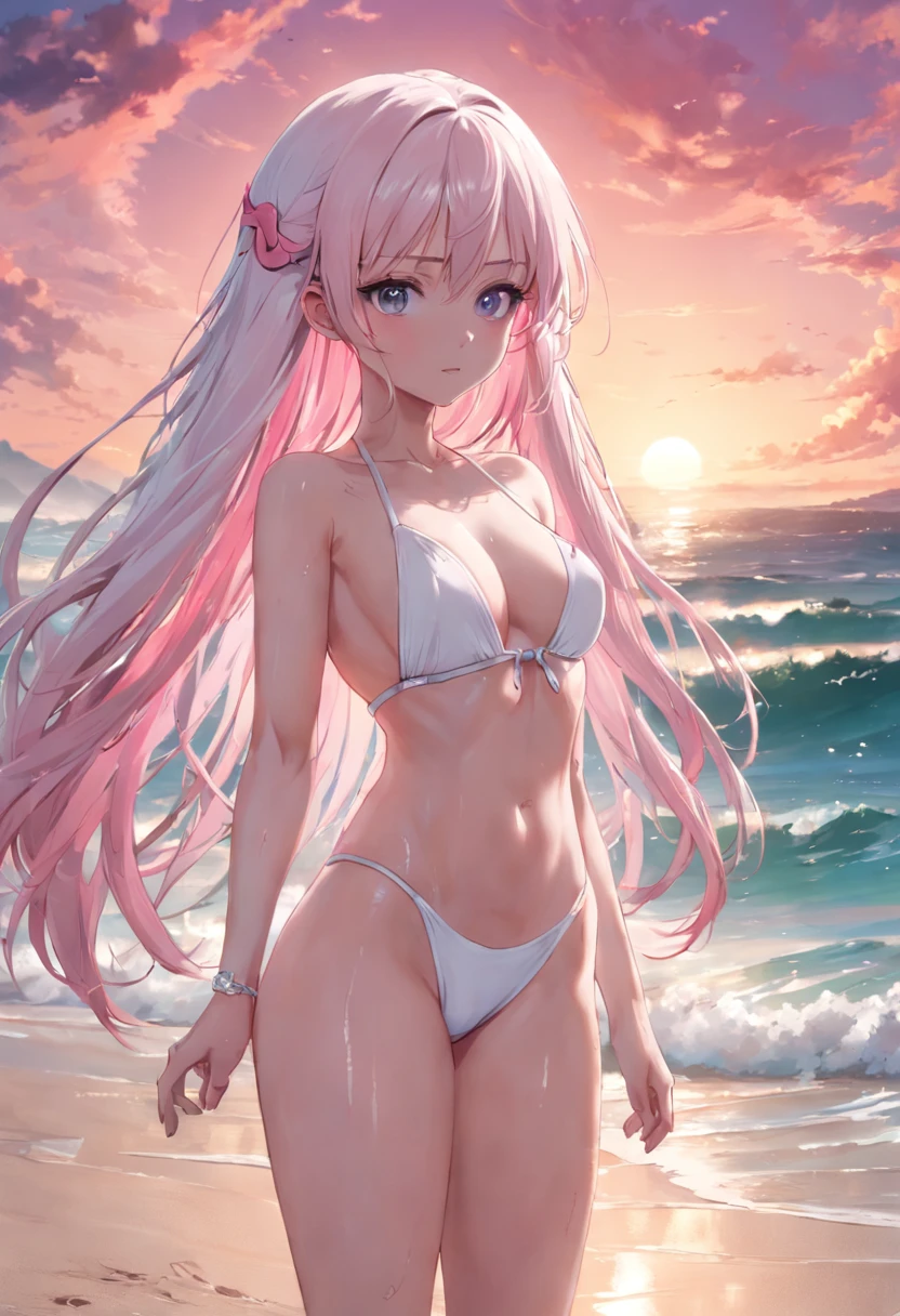 beachside,A age girl in a white bikini,Pink Long Hair,Gray eye,full bodyesbian