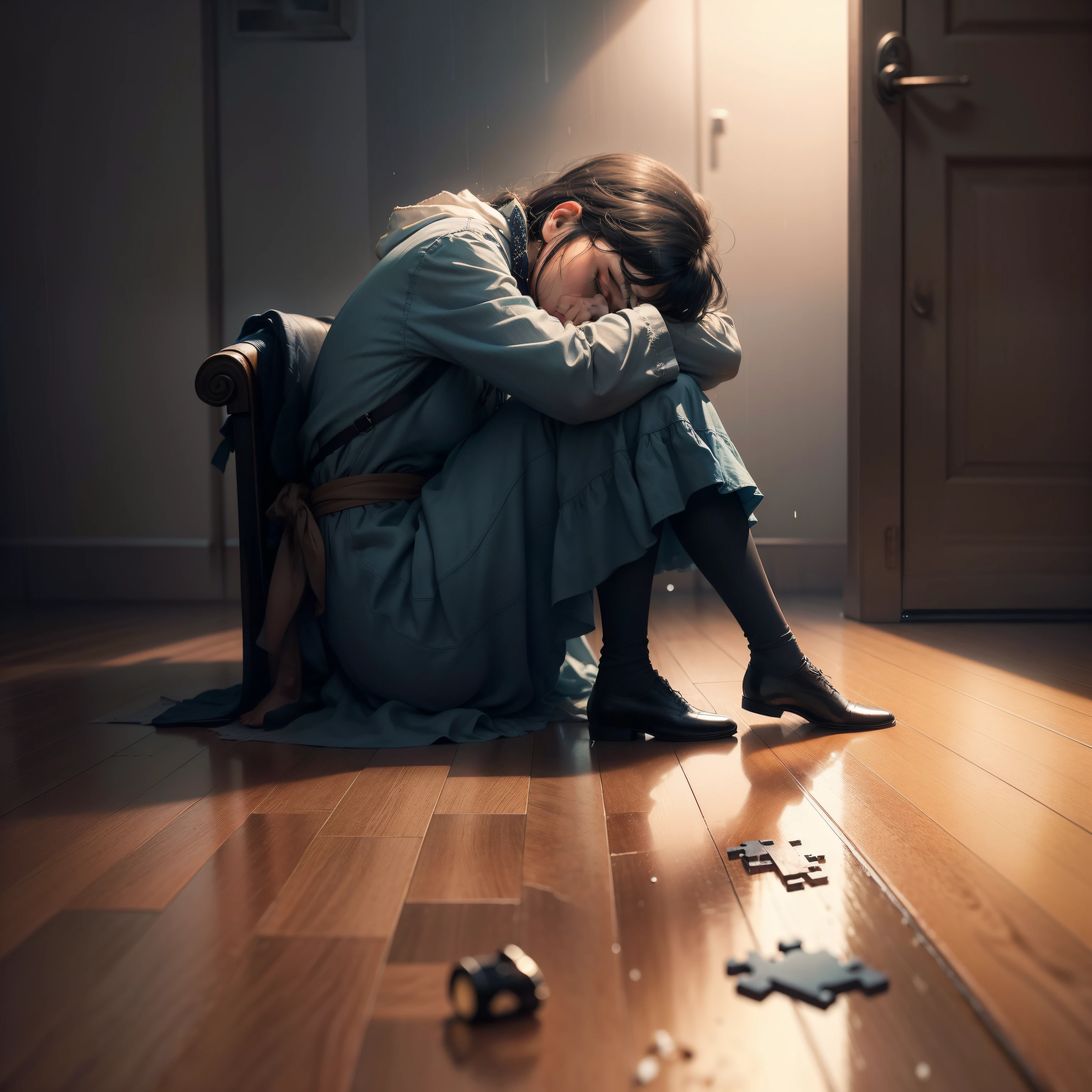 fundo predominantemente cinza-azulado, creating a melancholic and somber atmosphere. No centro, A lone female human figure is sitting in a chair, De costas para o espectador. The figure looks shrunken and vulnerable, com os ombros curvados para a frente.
Acima da mulher, a fine rain falls from the sky, representing the sadness and emotional pain that accompany depression. Rain is represented by small drops of water that form loose letters, criando um efeito sutil de palavras se desfazendo.
Na parte inferior, An incomplete puzzle is strewn across the floor, with missing and scattered parts. This symbolizes the sense of disconnection and the difficulty of putting the pieces of life together that is often associated with depression.