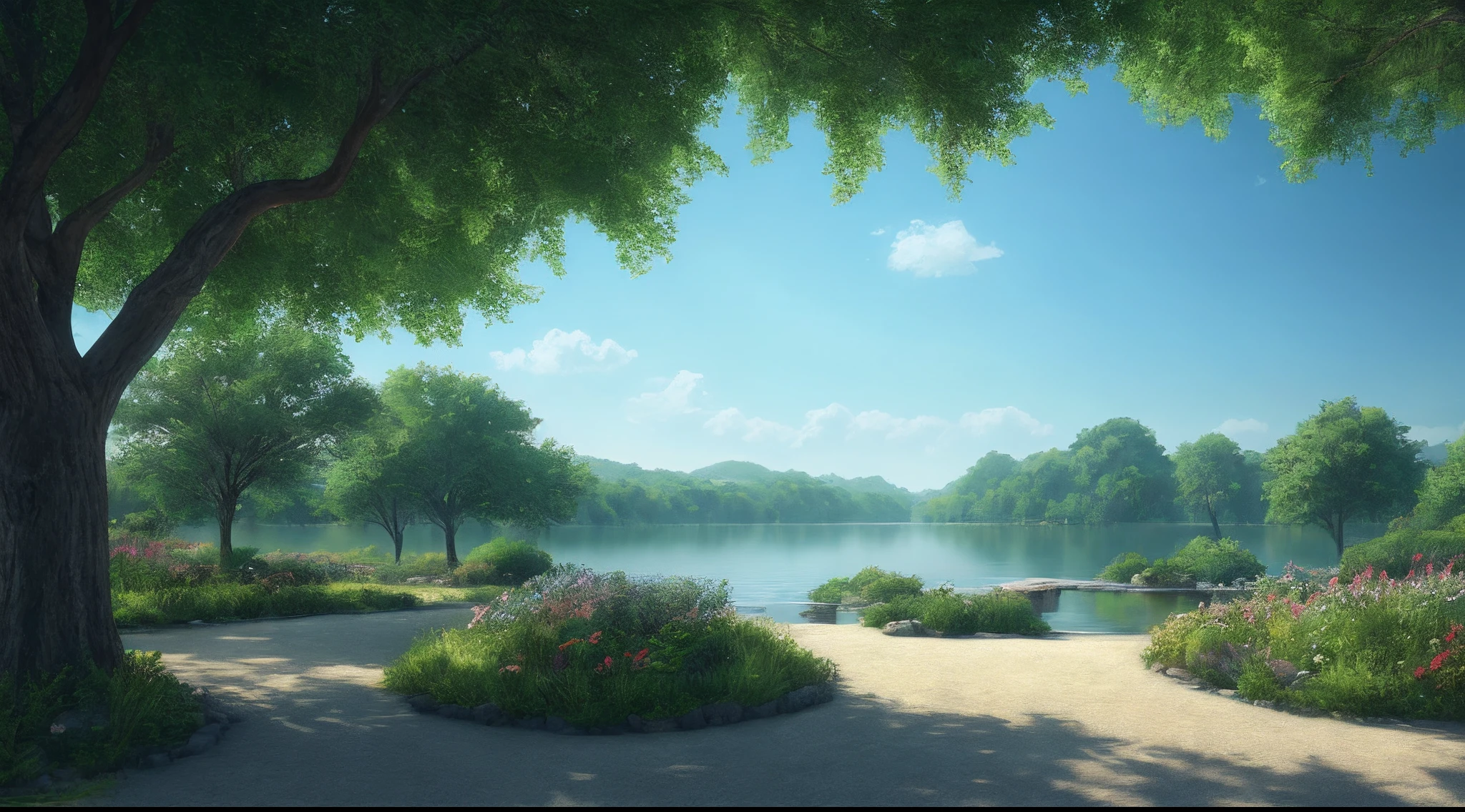 A serene place, very pleasant, beautiful, calm and beautifully landscaped. photorealistic, 8k uhd, studio quality, ultra realistic, maximum detail, large scale, postprocessing, photorealistic, photorealistic, photoshop, photography, detailed, cinematic lighting, landscape, panorama, scenery, ray tracing, cinema4d