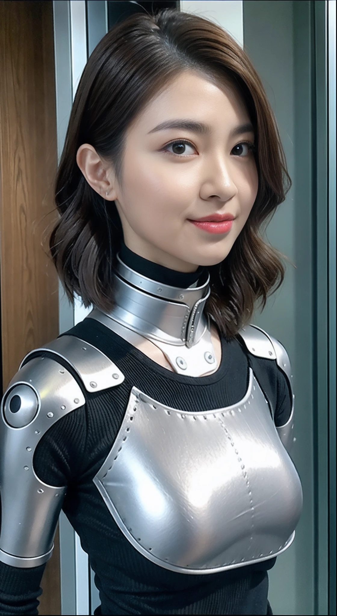 Wear a metal face mask、Close up portrait of a woman in a robot suit, (Bust color is metal silver)