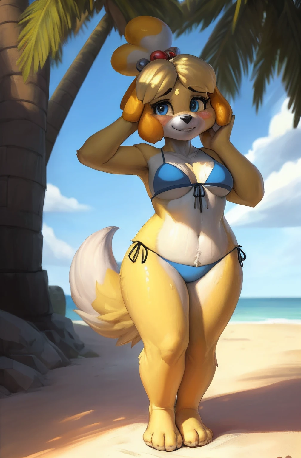 [isaCrossing], [Isabelle; Animal Crossing], [Uploaded to e621.net; (Pixelsketcher), (wamudraws)], ((masterpiece)), ((solo portrait)), ((front view)), ((feet visible)), ((furry; anthro)), ((detailed fur)), ((detailed shading)), ((beautiful render art)), {anthro; (yellow fur, black nose), cute blue eyes, (shy), (cute smile), (sweat on forehead), (white teeth), (blushing), blonde hair, (bells in hair), topknot, fluffy tail, (beautiful feet)}, {(blue bikini), small boobs}, {(standing), (attractive pose), (scratching face), (pigeon-toed)}, [background; (beach), (sun rays)]