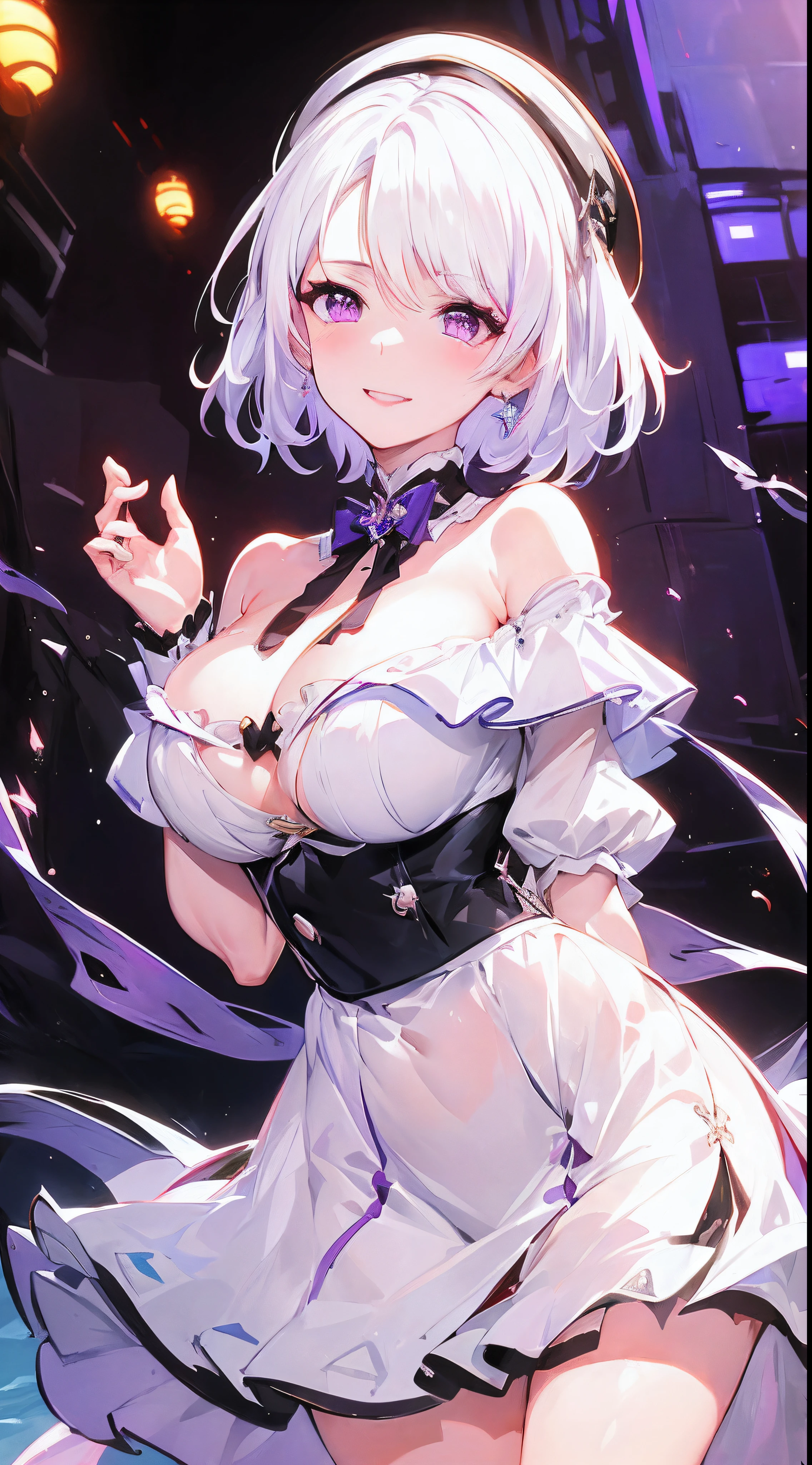 (Best quality), (black and white Berets),(((the Greatest masterpiece,))) (ultra detailed bust),intricately details,(Nature,cute face),(dynamic angles,)(beautiful aurora,lively breeze),(dynamic lighting),(blooming,synthetic wave), (reality: 0.7), solo,1 girl,Long eyelashes,watery eyes,reflected eyes,eyes shadow,light purple eyes,((one purple bow tie,)) (white off-the-shoulder shirt: 0.4),pointy_ears,((4k)),from the azur lane videogame,purple eyes, white dress, white haired deity,floating hair,((elegant and conservative cloth)),seductive smile