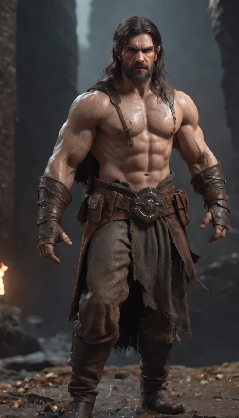 (professional 3d render:1.3) af (Realistic:1.3) most beautiful artwork photo in the world,Features soft and shiny male heroes, ((Epic hero fantasy muscle man rough wet hero angry look long hair short beard and ferocious expression in dynamic pose, Fantastic location, Majestic cluttered environment)), full body 8k unity render, action shot, skin pore, very dark lighting, heavyshading, Detailed, Detailed face, (vibrant, photograph realistic, Realistic, Dramatic, Dark, Sharp focus, 8K), (Old leather garments damaged by weathering:1.4), ((((Wear fur)))), (Intricate:1.4), decadent, (Highly detailed:1.4), Digital painting, rendering by octane, art stations, concept-art, smooth, Sharp focus, illustration, Art germ, (loish:0.23), wlop ilya kuvshinov, and greg rutkowski and alphonse mucha gracias, (Global illumination, Studio light, volumettic light), heavy rain, particles floating, lotr, fantasy, elf, full bodyesbian, ((Dark and ancient city background:1.3)),CGSesociety,art stations