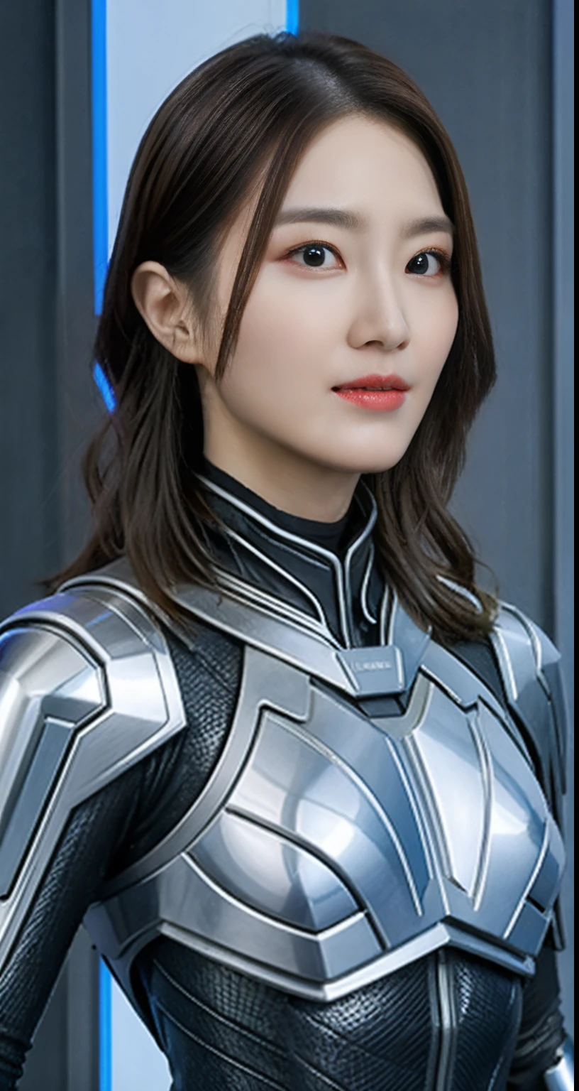 Woman in futuristic suit with metal mask, With shiny silver metal armor,