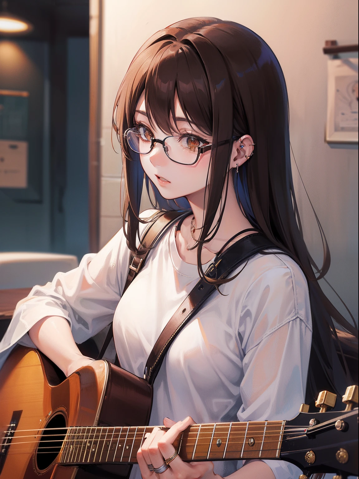1人の女性、brown haired(Curta)、Brown eyes、Black-rimmed glasses、Ring piercing of the earlobe、Playing the guitar