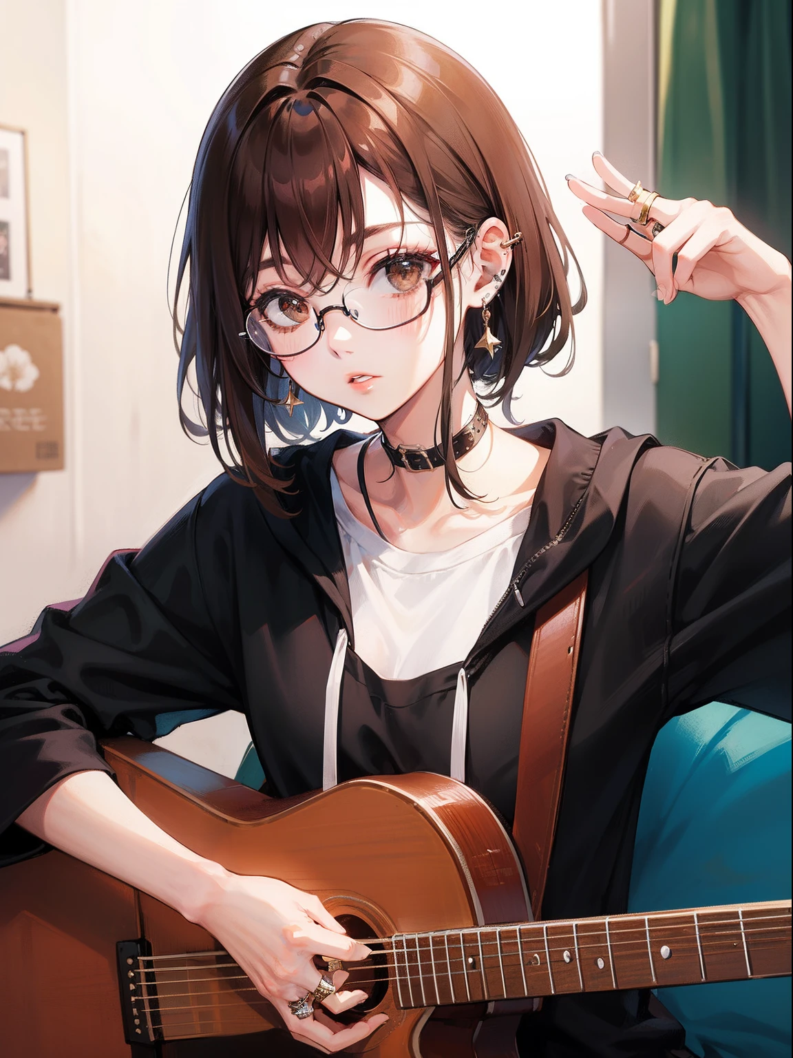 1人の女性、brown haired(Curta)、Brown eyes、Black-rimmed glasses、Ring piercing of the earlobe、Playing the guitar