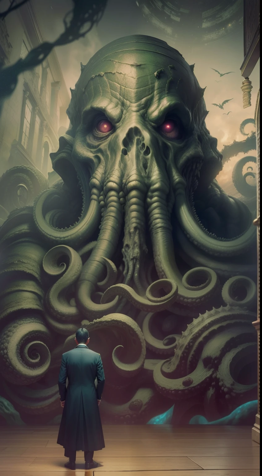 livro (A mais alta qualidade de imagem), (altamente detalhado) (photo-realistic:1.1), h.P. Lovecraft standing in front of Cthulhu, Horror cosmic, horror, macabro, cosmico, livro, biblioteca, livro aberto, grimorio, homem barbudo de oculos, jovem 30 anos