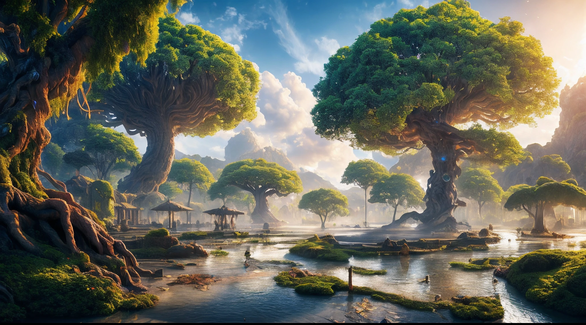 masterpiece, best quality, high quality, extremely detailed CG unity 8k wallpaper, a hyperrealistic colossal cyan raintree, in a futuristic prehistoric village, splashing water, sandy debris, lens flares, sunshaft, fluffy clouds, Hyperdetailed, HDR, bloom, Photorealistic, hyperdetailed