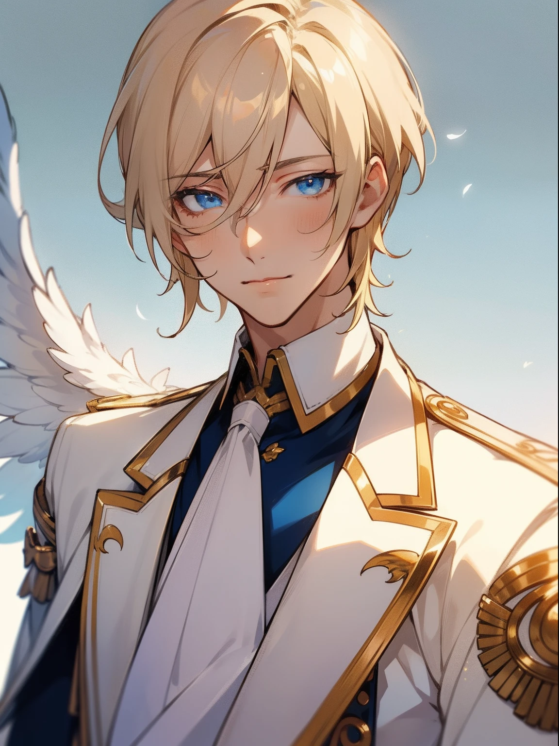 masterpiece, best quality, male character, light blonde hair, blue eyes, silky hair, chin length hair hair, short hair, angelic, white, feathers, bright, stylized character design, high quality character design, detailed character design, great character design, male, highly detailed outfit, sickly, elegant, eichi, eichi tenshouin, smug, frontage, lateral face, lovely boy, perfect face, detailed eyes, elegant, handsome man, facing camera, elegance, handsome, light background, light room, candid, neutral face, indoors, clouds, pale lighting, relaxed, peaceful, beautiful, happy, kind, gentle, tall man, sexy anime man, hot, detailed background, avant- grade , original, rgkg, bishonen, bishi, gold details, white outfit, light outfit, pastel, muted colours, portrait, tired eyes, fine ensemble stars, idol, model, slim, handsome male, angelic, bokeh, unique lighting, colourful shading, angels, halo, white wings, white feathers, heavenly, pale